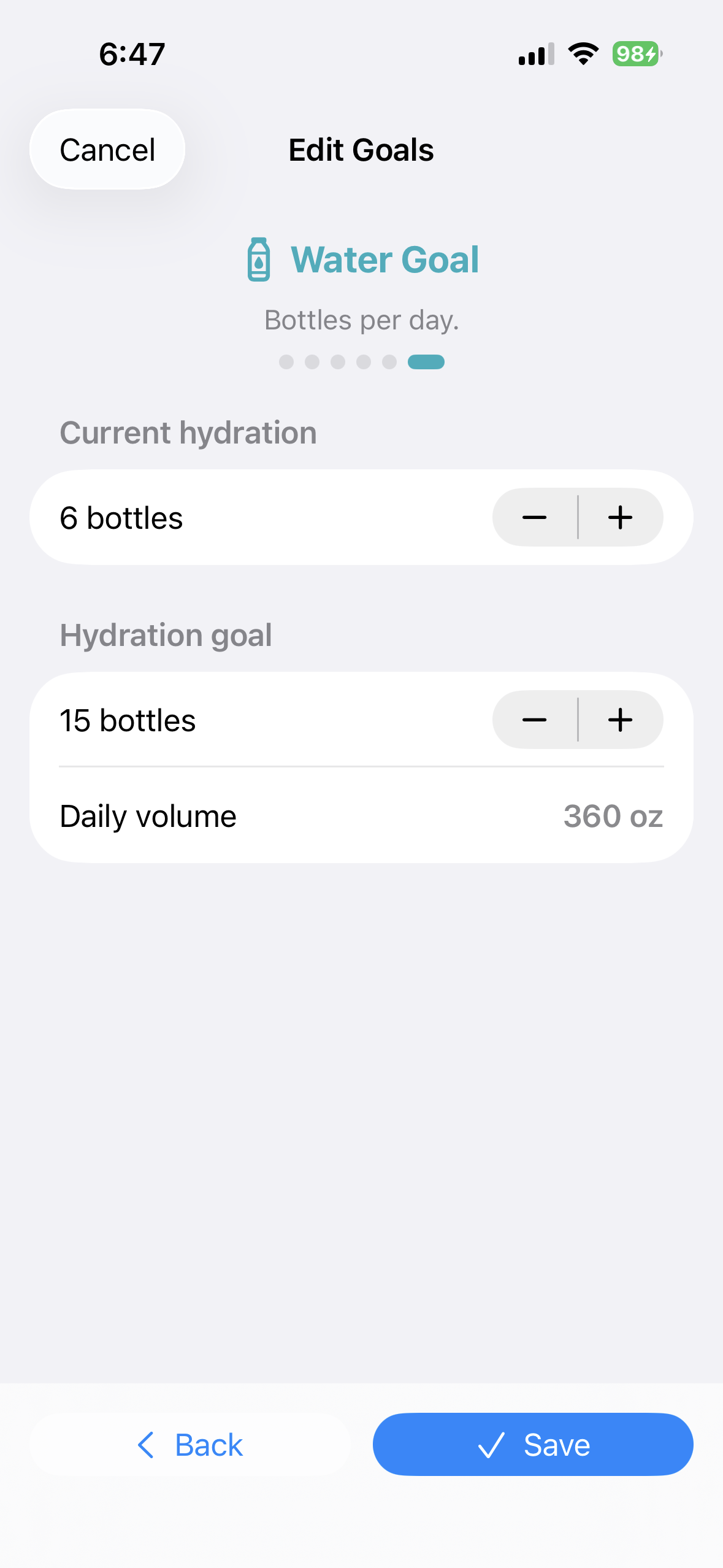 Hydration goal editor in BeFit Tracker on iPhone