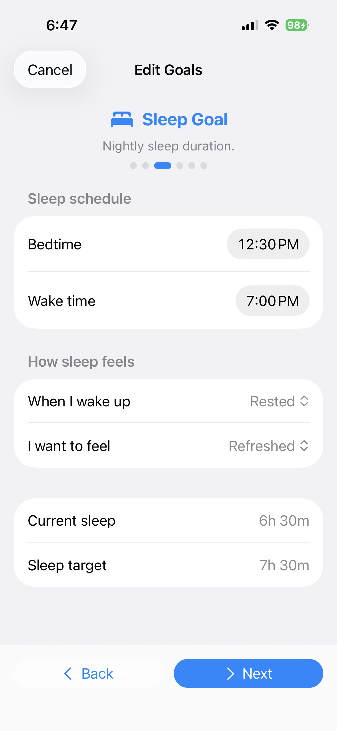Sleep goal editor in BeFit Tracker on iPhone
