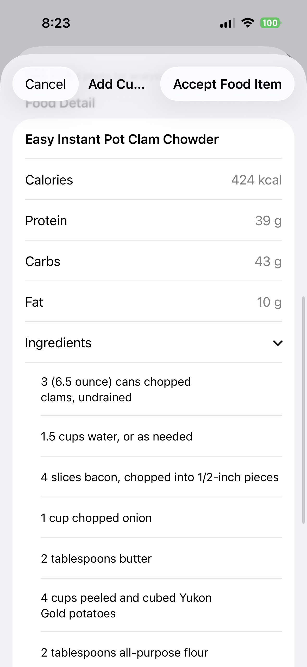 Recipe ingredients and nutrition ready for review in BeFit Tracker