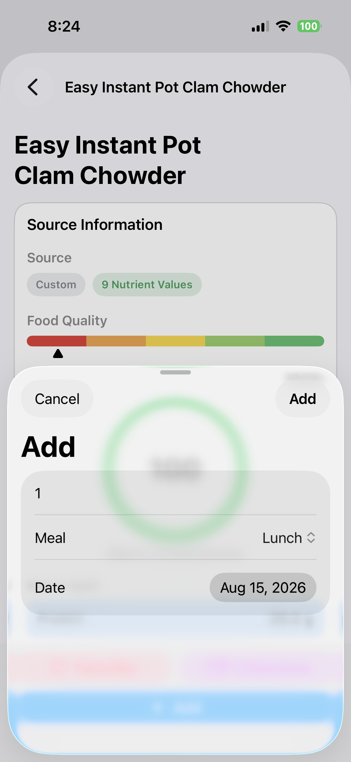 Meal, quantity, and date controls for the imported food