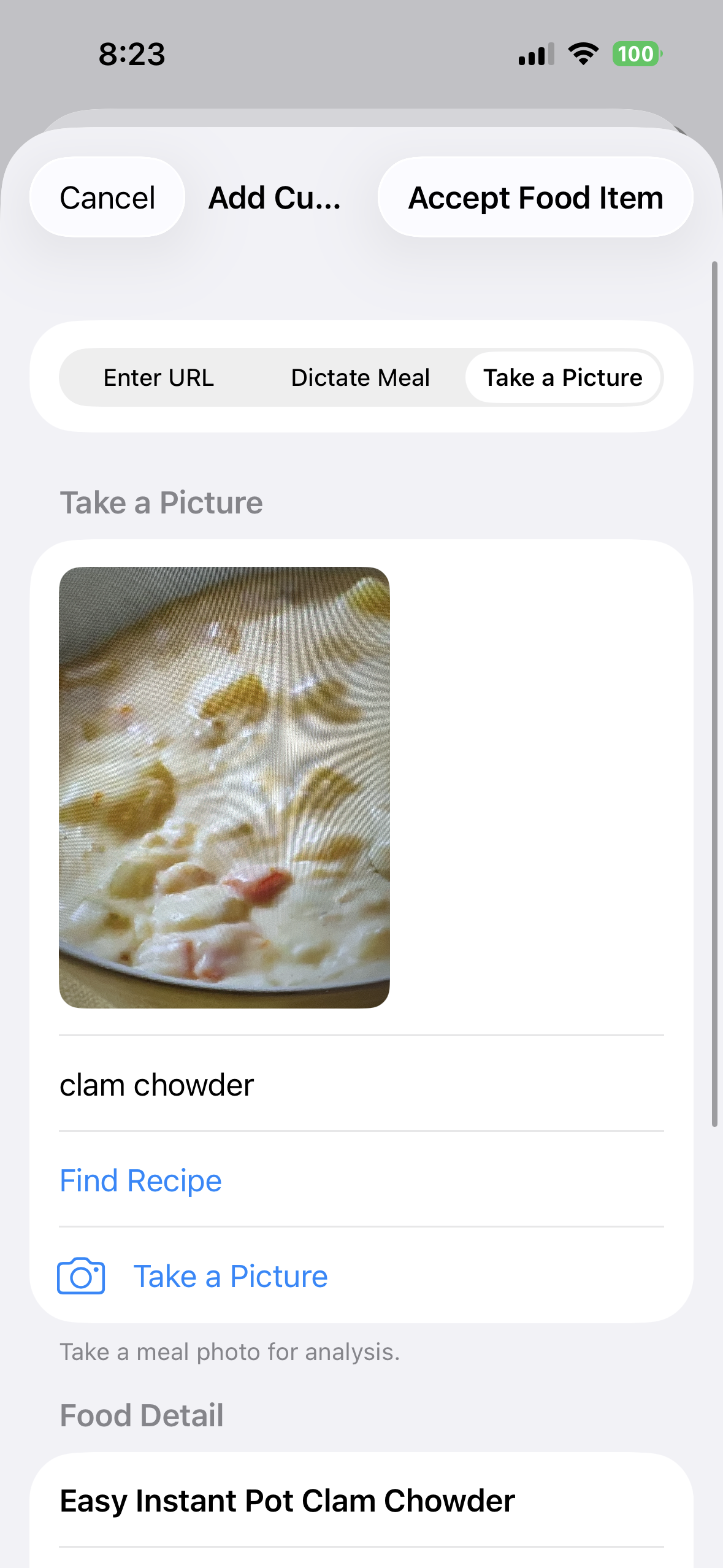 Reviewed clam chowder match ready to be accepted as a food