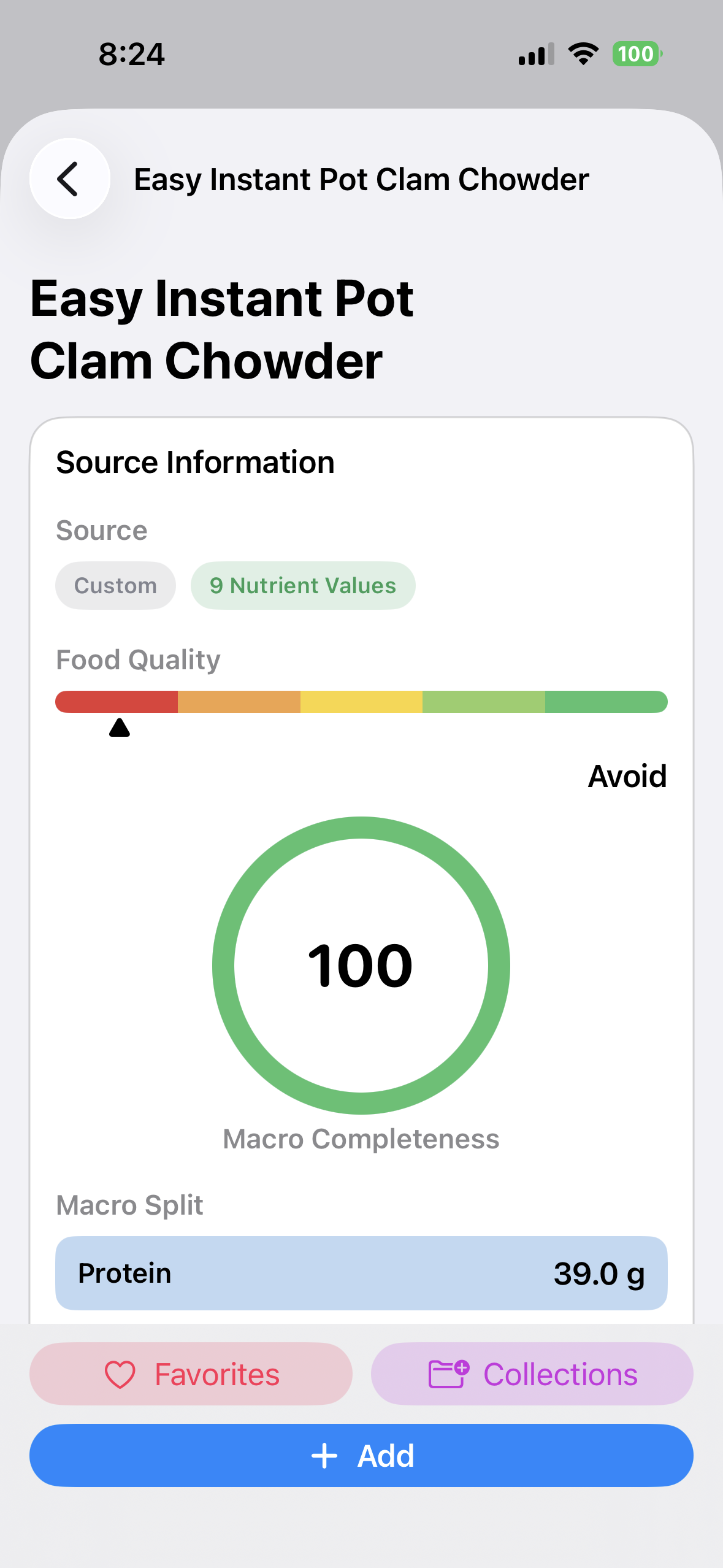 Saved clam chowder food showing source, quality, macro completeness, Favorites, Collections, and Add controls