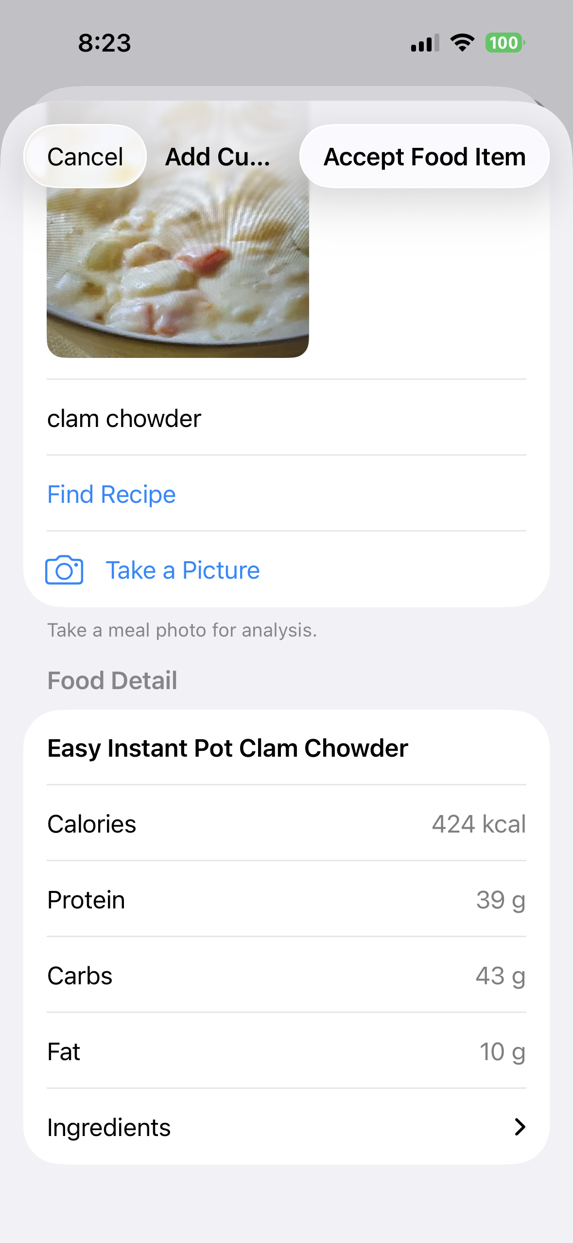 Selected clam chowder recipe with calories and macros in BeFit Tracker
