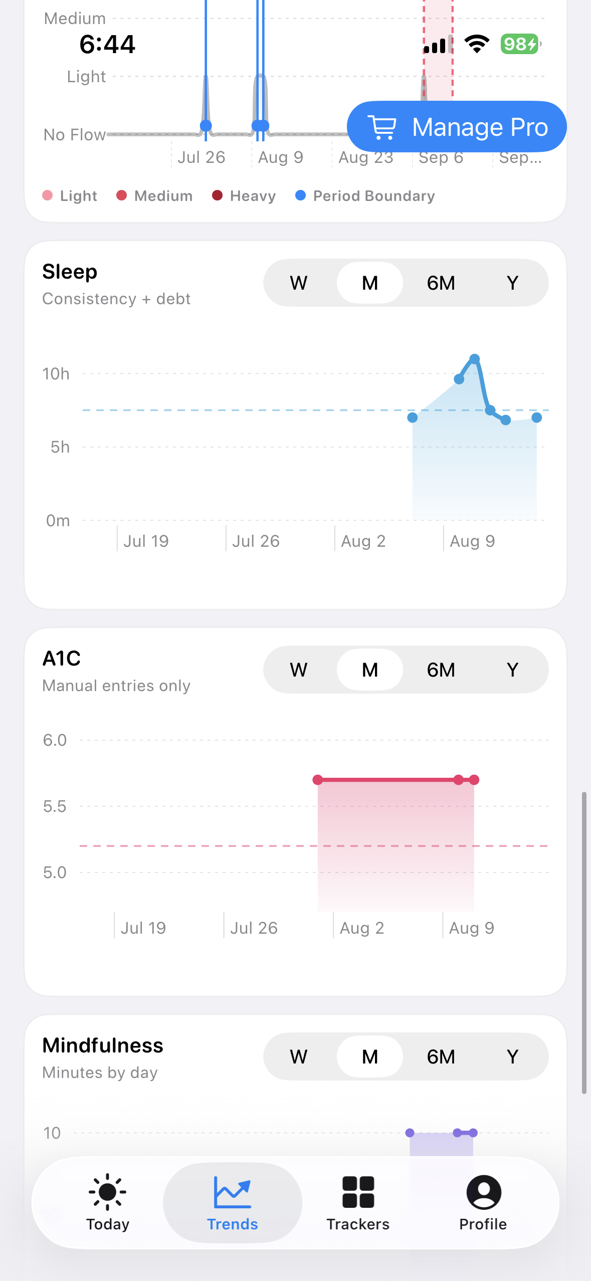 Sleep and A1C trend cards on iPhone