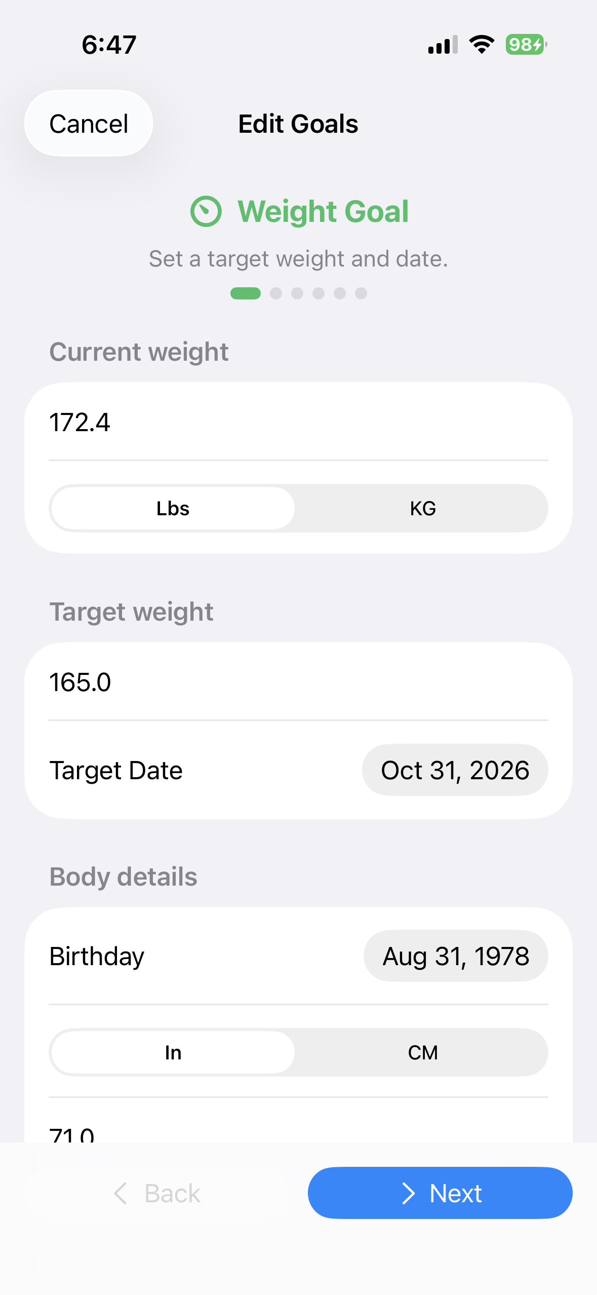 Weight Goal creation screen in BeFit Tracker on iPhone