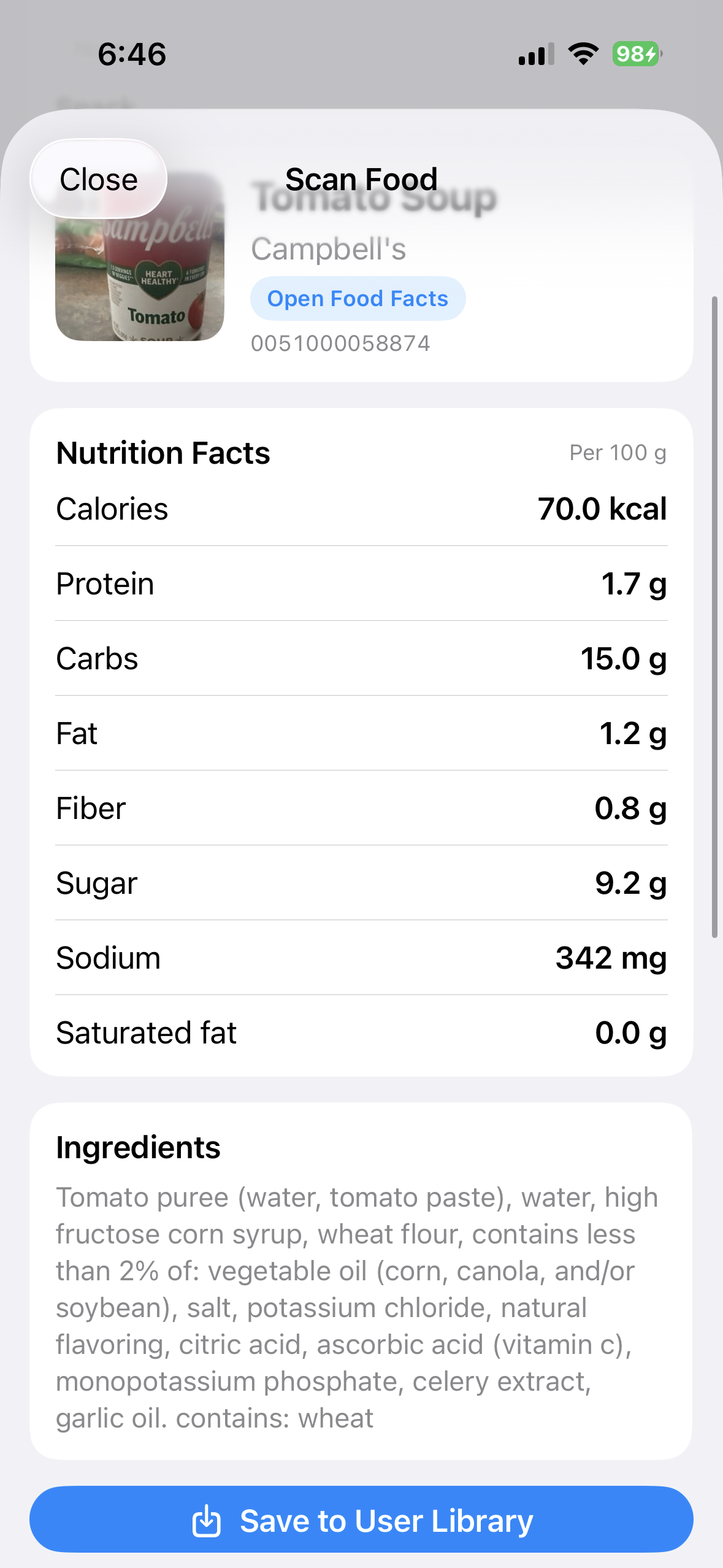Open Food Facts product review on iPhone
