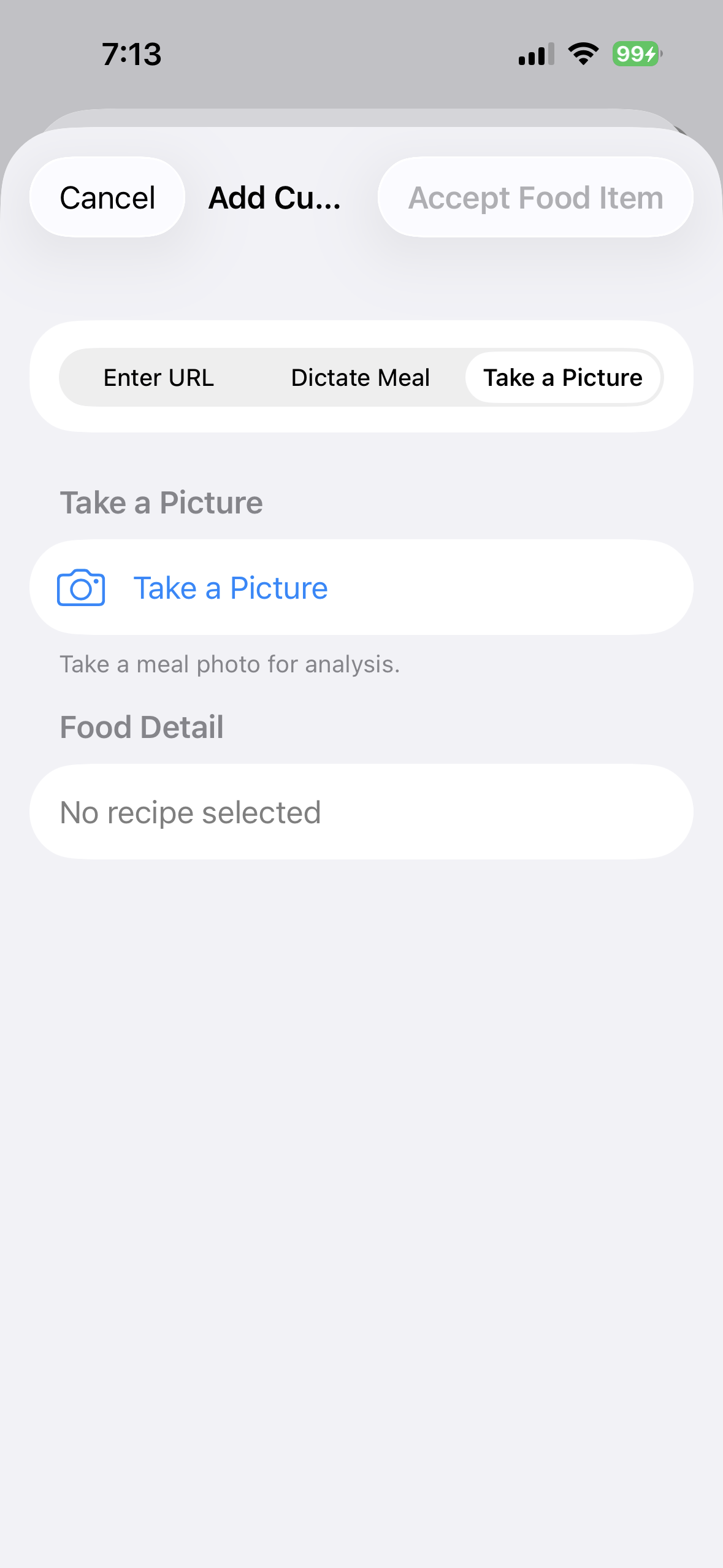 Take a Picture selected while adding a food in BeFit Tracker on iPhone