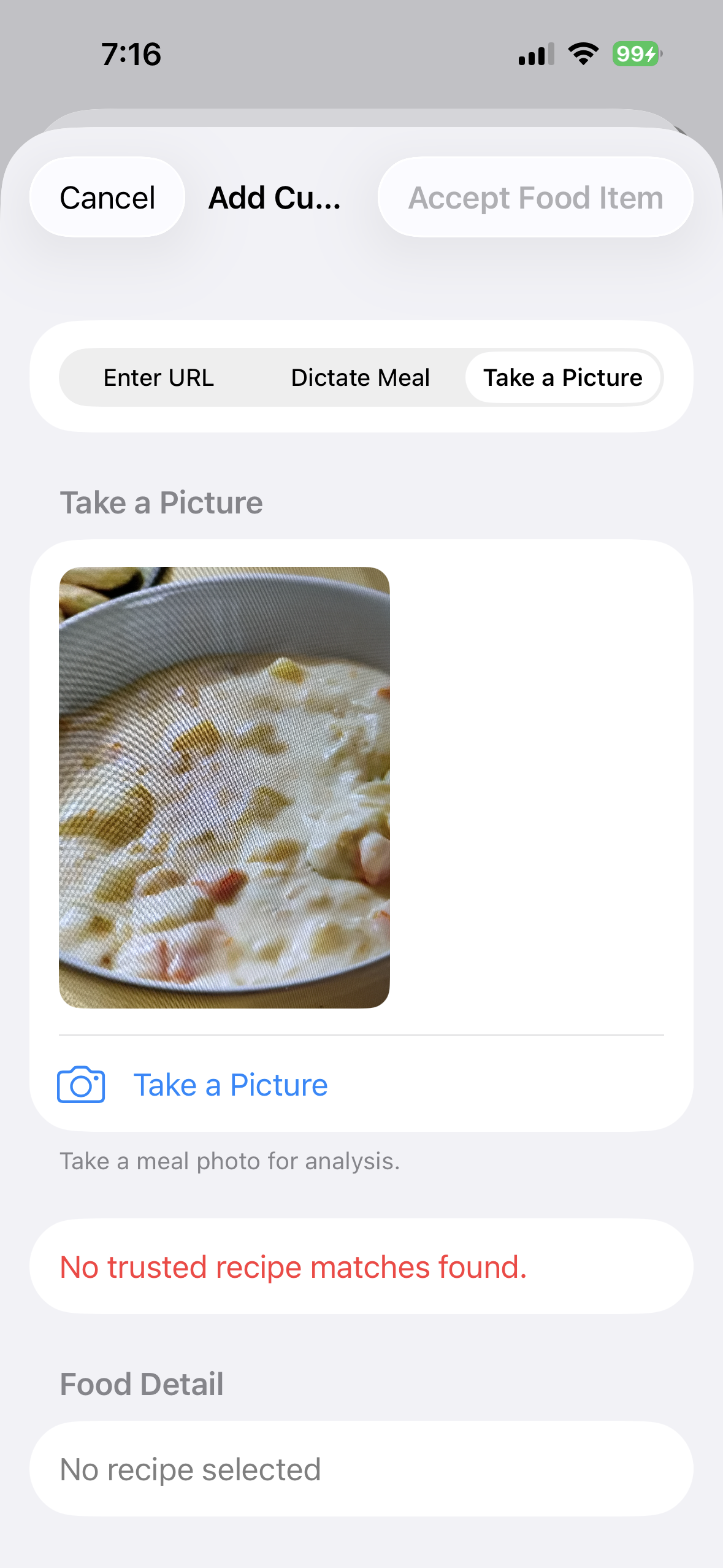 BeFit Tracker showing no trusted recipe matches for a photographed dish