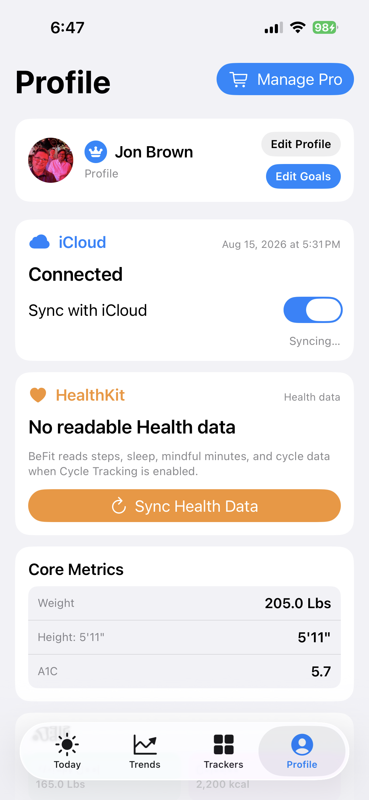 iCloud connection in BeFit Tracker on iPhone