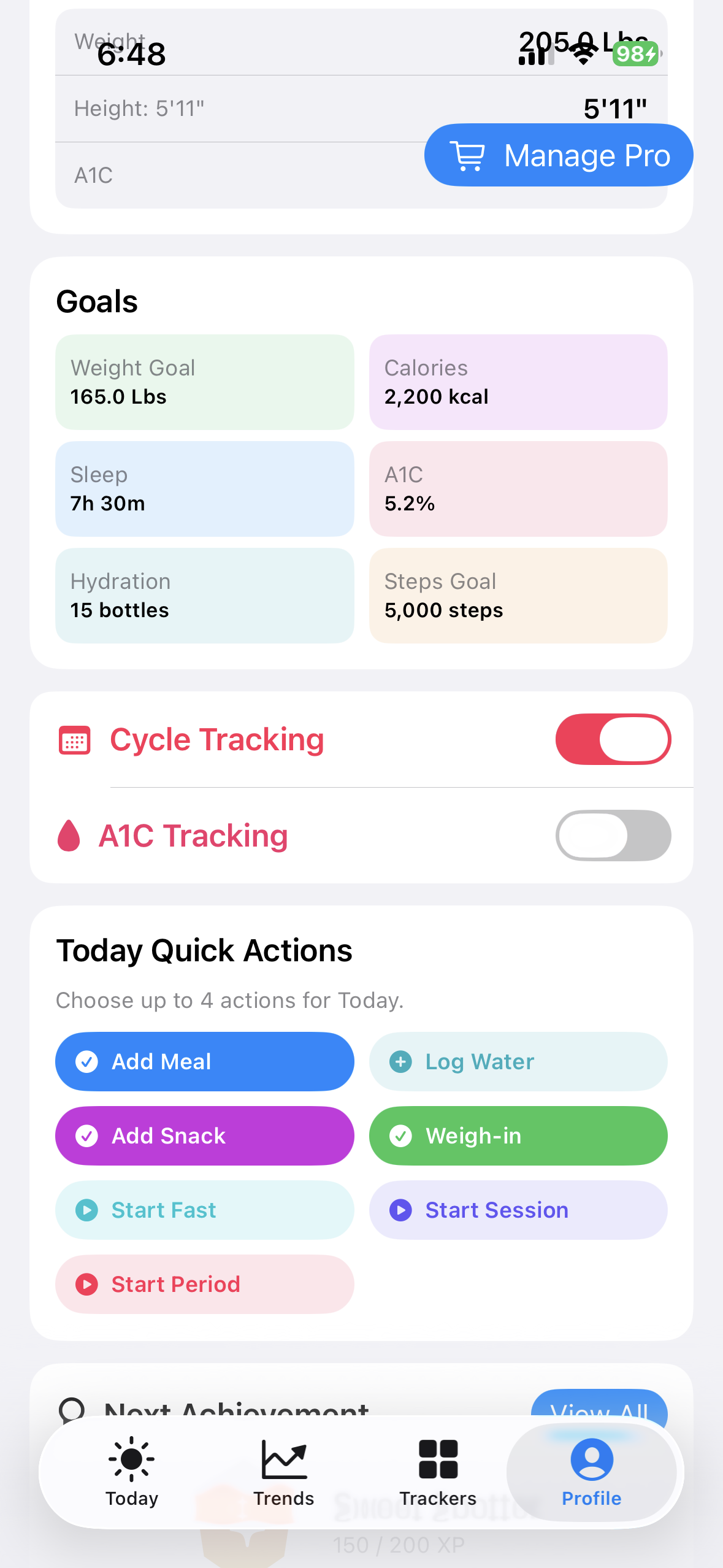 Goals section in BeFit Tracker Profile on iPhone