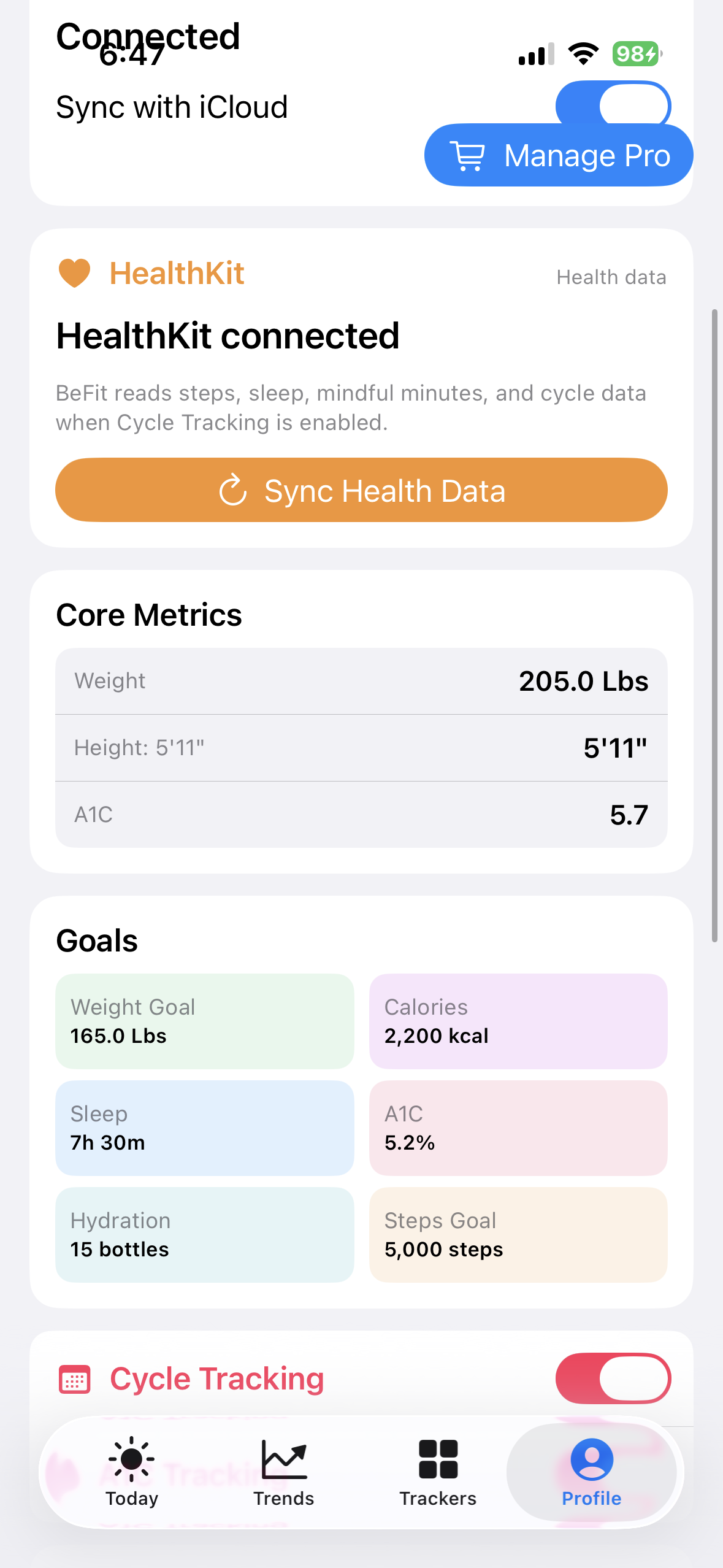 Apple Health connection controls in BeFit Tracker Profile on iPhone