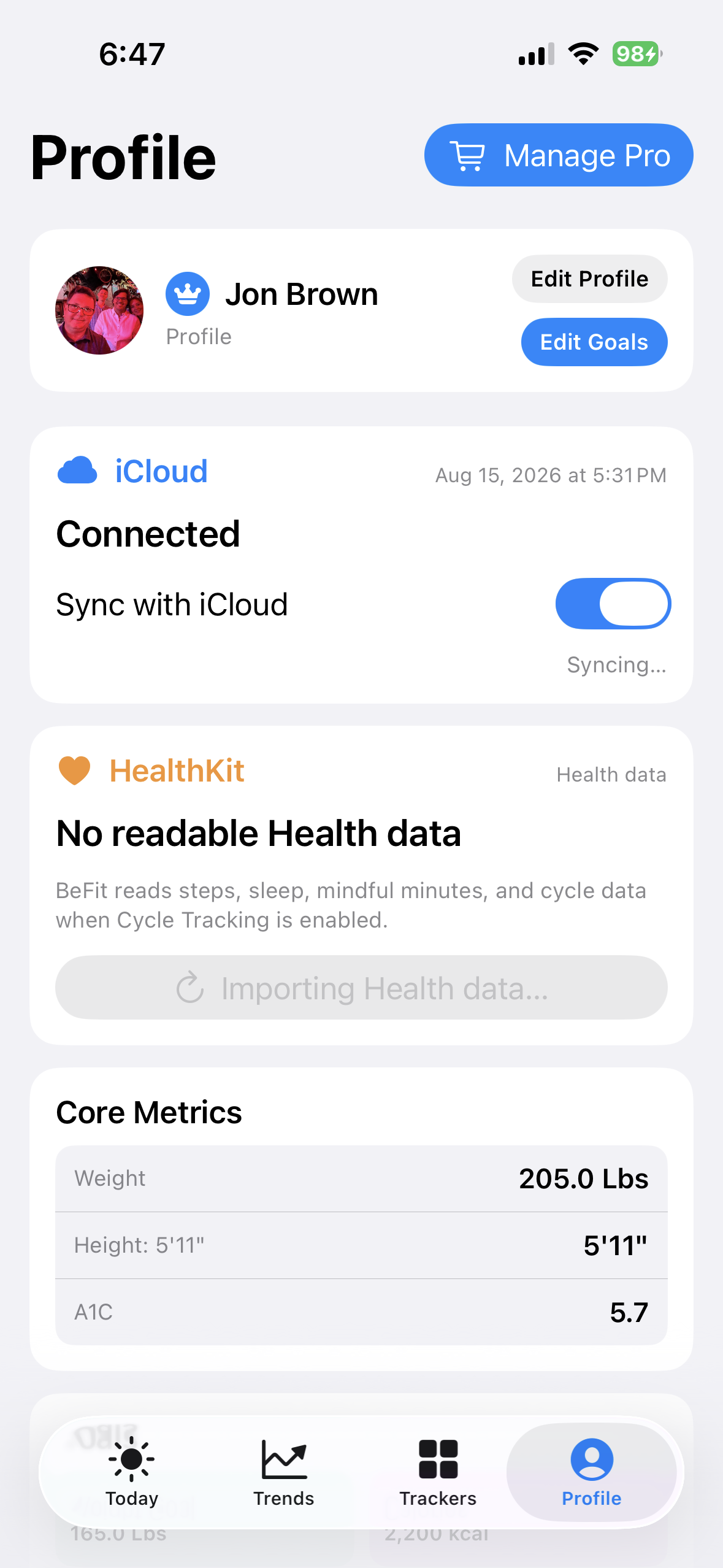 Profile dashboard where mobile permissions can be managed on iPhone