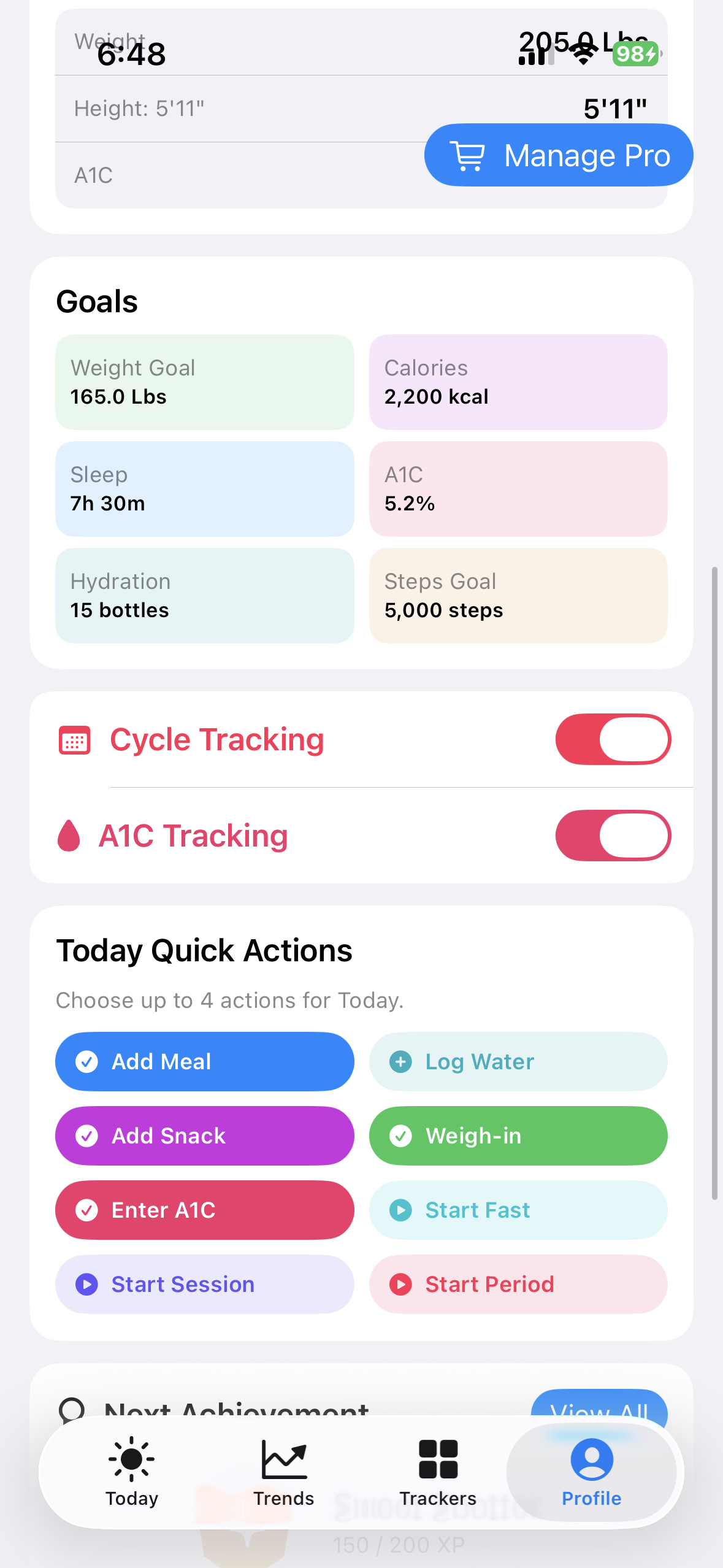 Available Today Quick Actions in Profile on iPhone
