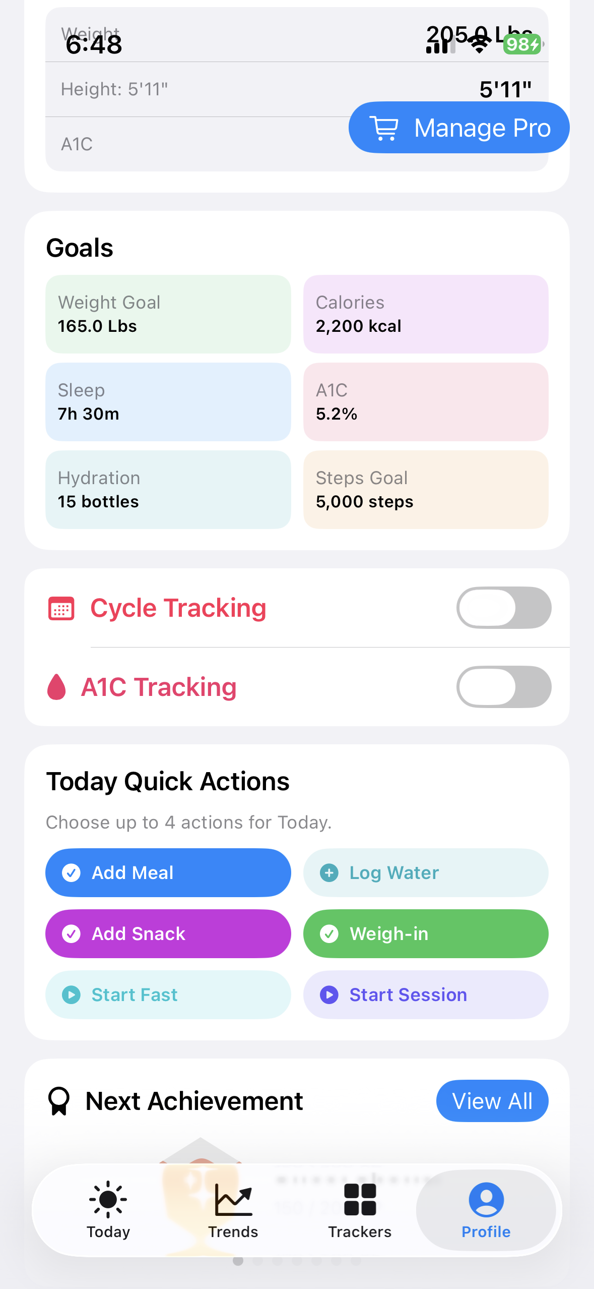 Selected Today Quick Actions in Profile on iPhone