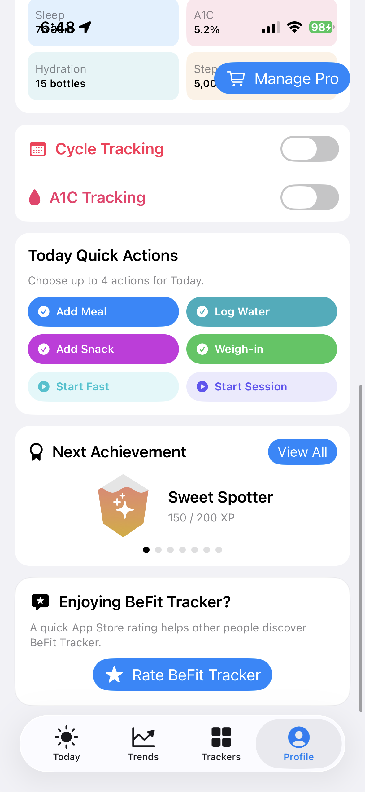 Today Quick Actions preferences in BeFit Tracker on iPhone