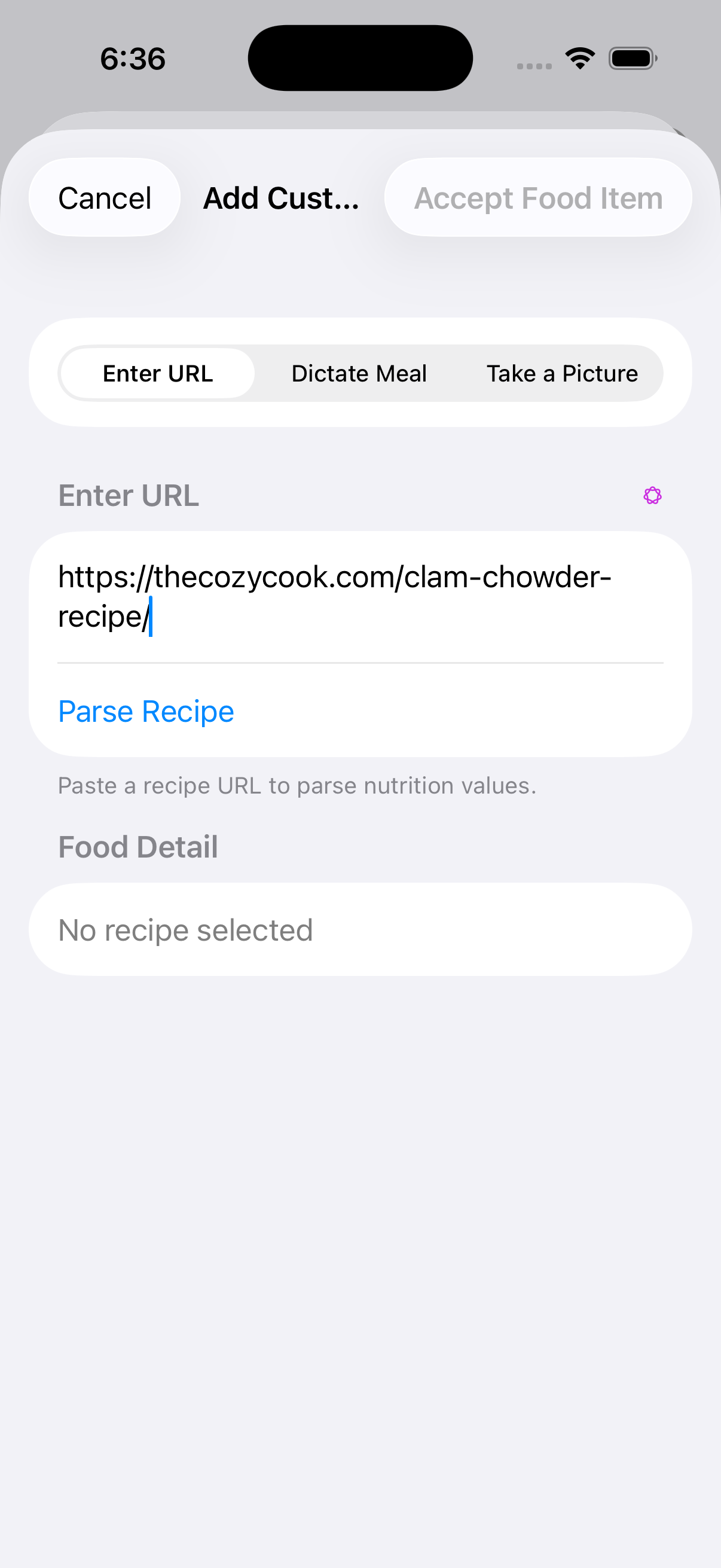 Recipe URL entry in BeFit Tracker on iPhone