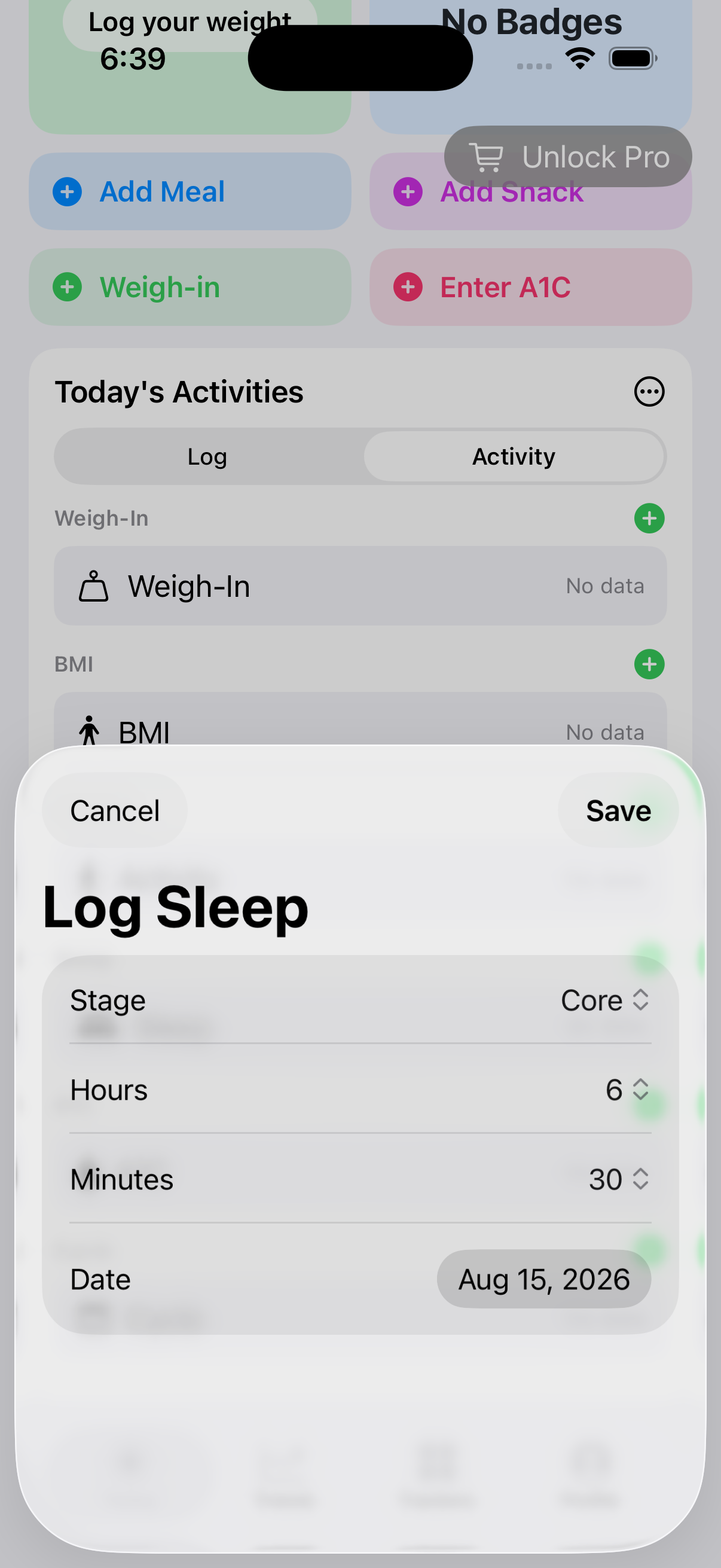 Sleep quick-entry sheet in BeFit Tracker on iPhone