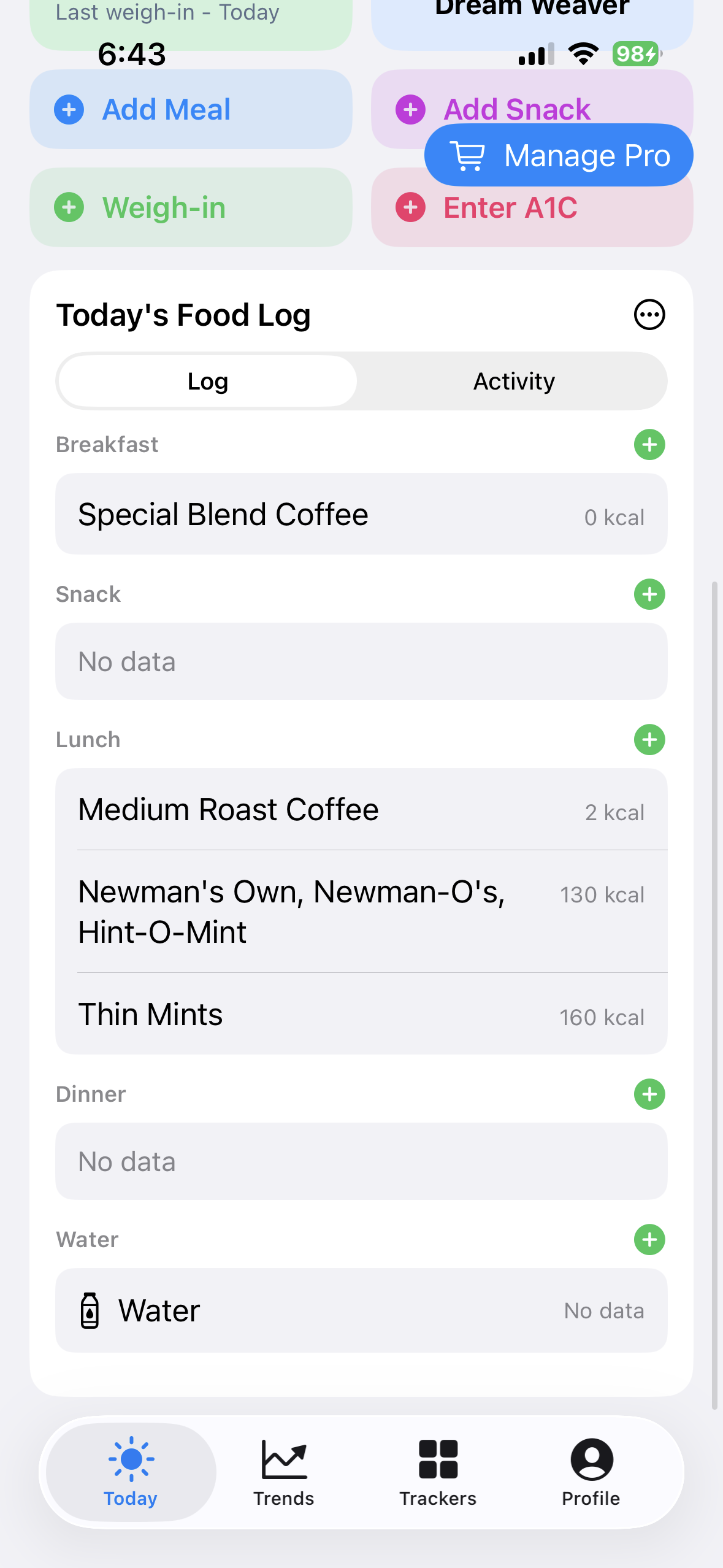 Today food log grouped by meal on iPhone