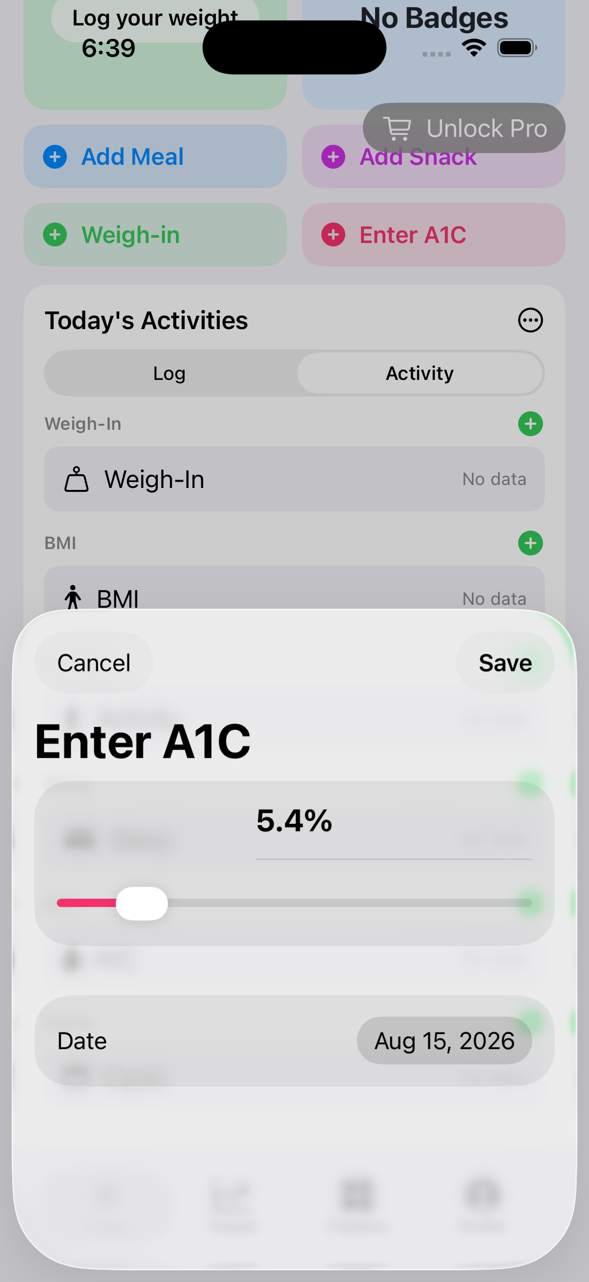 A1C entry sheet opened from Today on iPhone