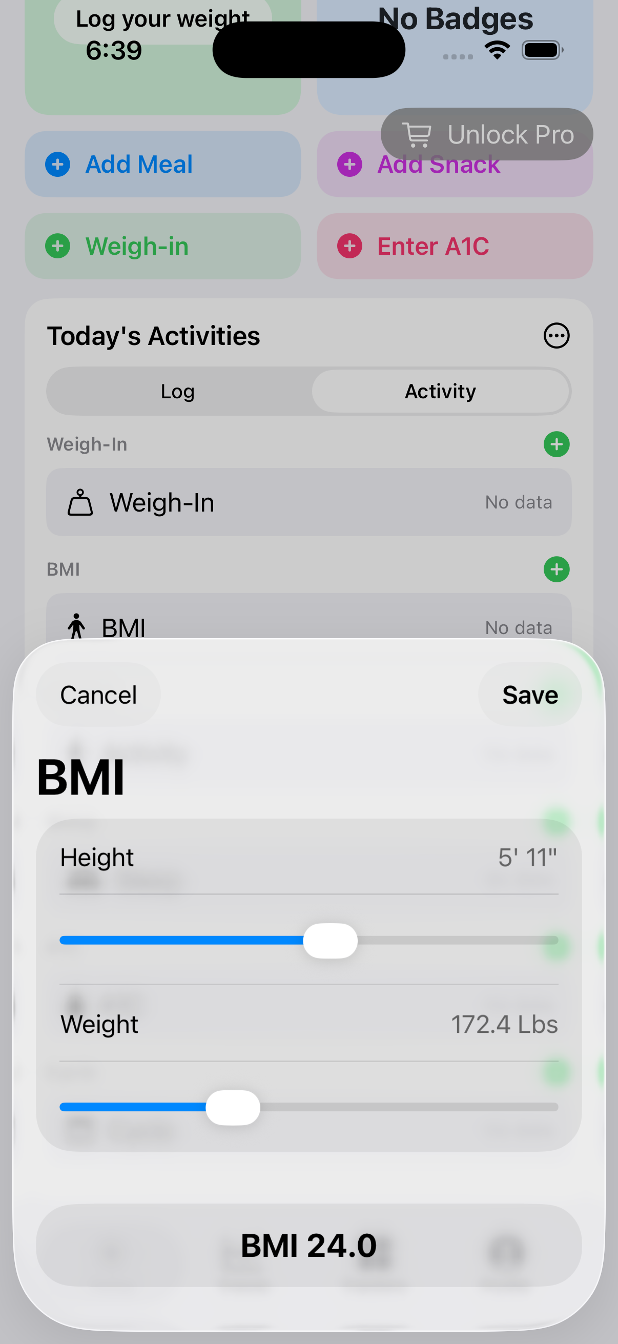 BMI entry sheet opened from Today on iPhone