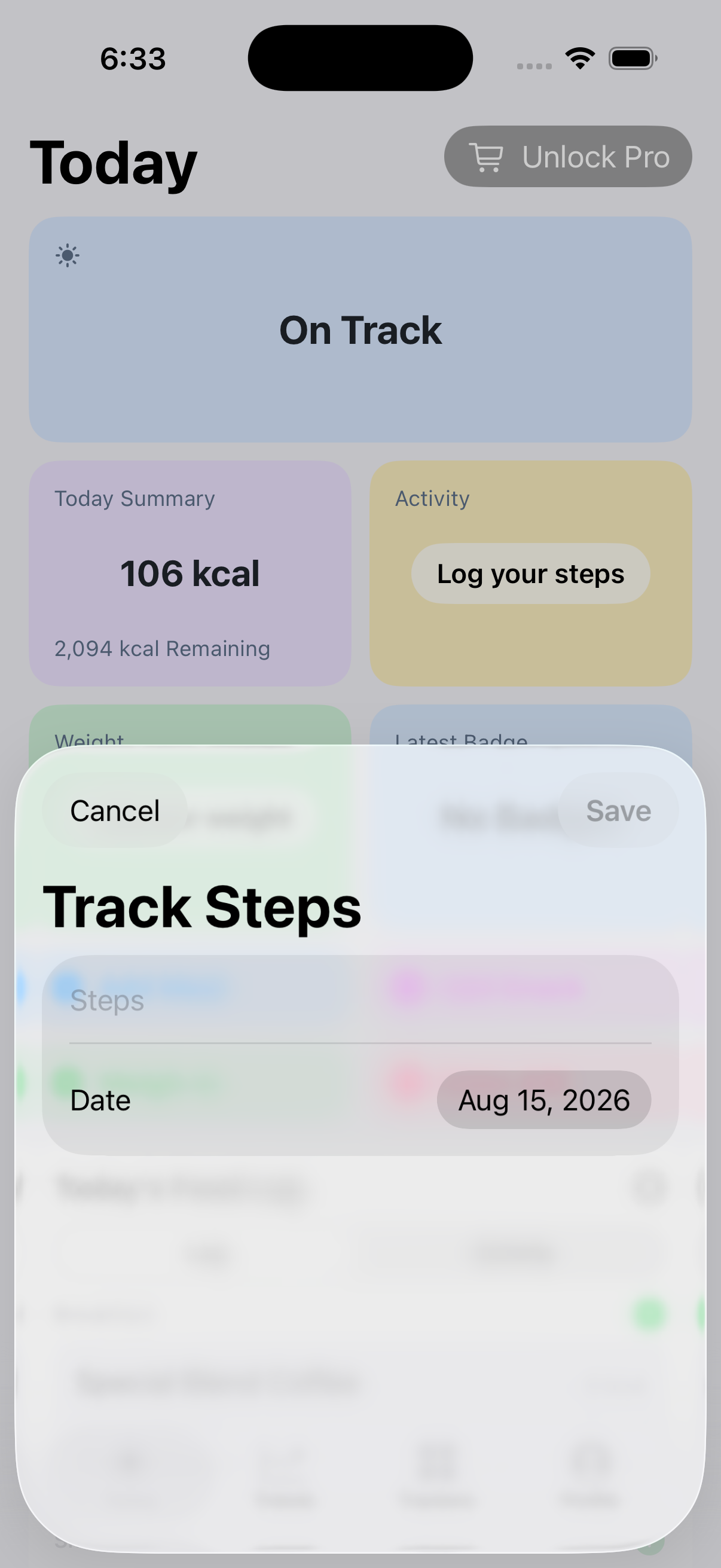 Track Steps sheet opened from Today on iPhone