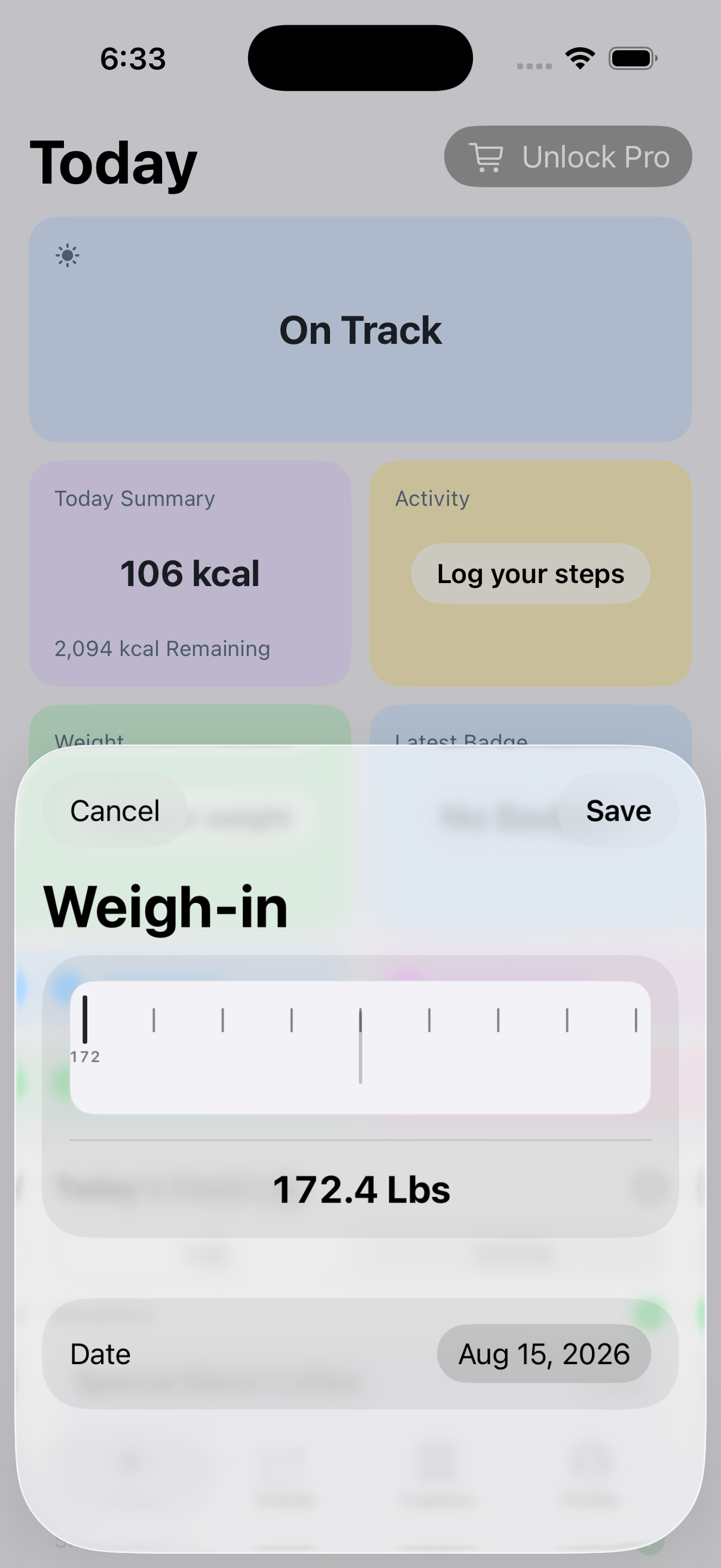 Weigh-in sheet opened from Today on iPhone