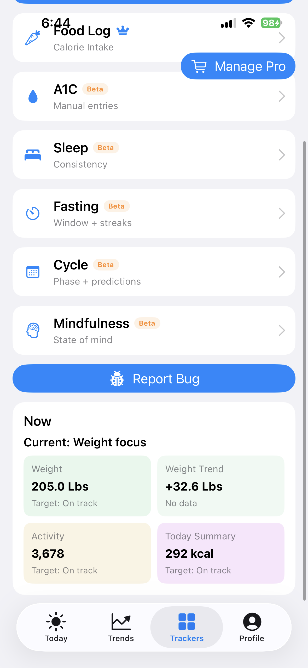 Quick action cards in the BeFit Tracker tracker view on iPhone