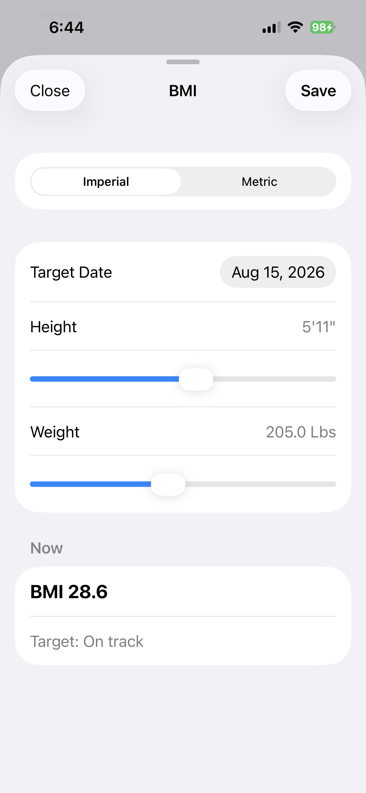 BMI entry and calculated result in BeFit Tracker on iPhone