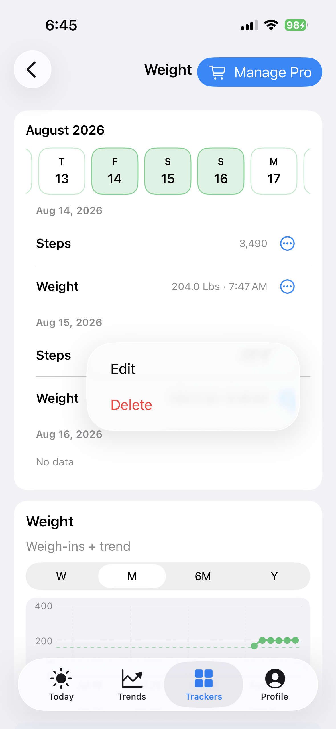 Weight entry editor opened from history in BeFit Tracker on iPhone