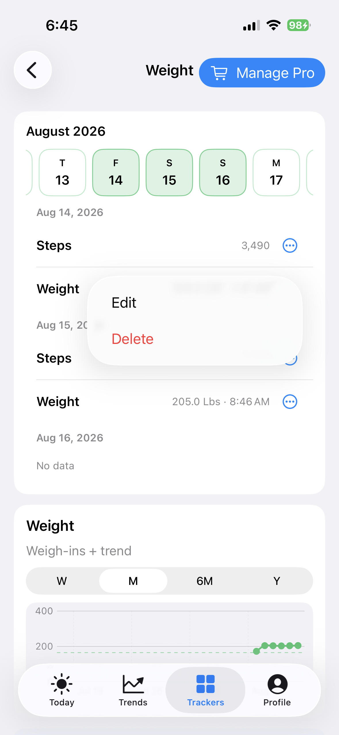 Edit action for a saved step record on iPhone