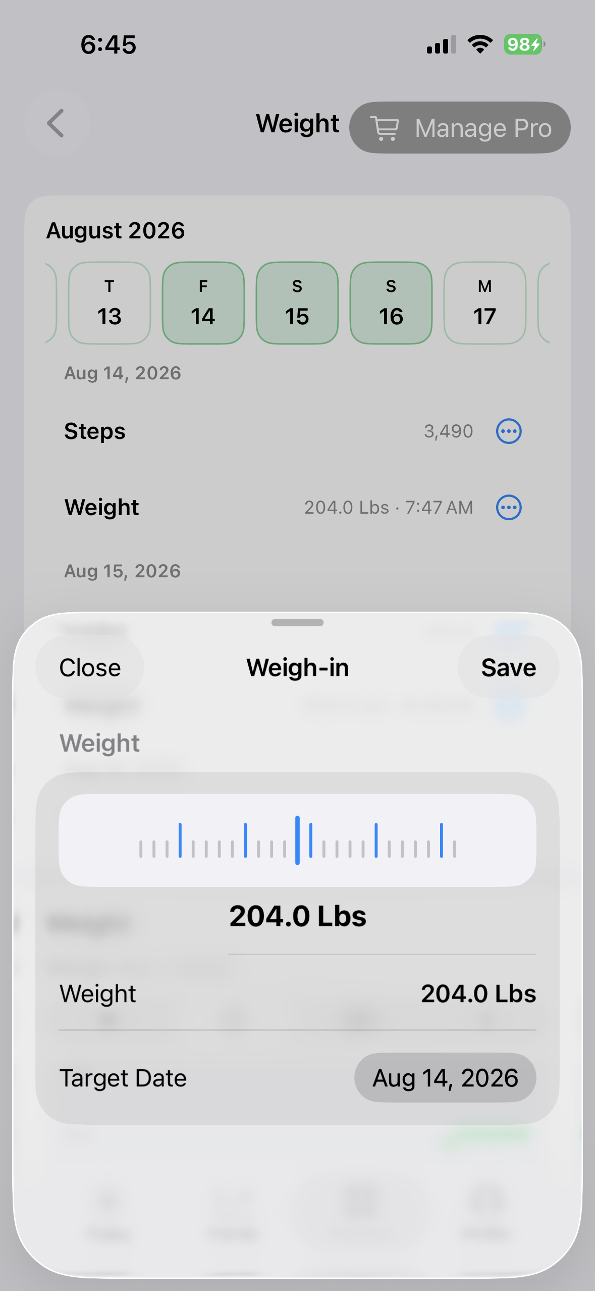 Edit action for a weight-history entry on iPhone