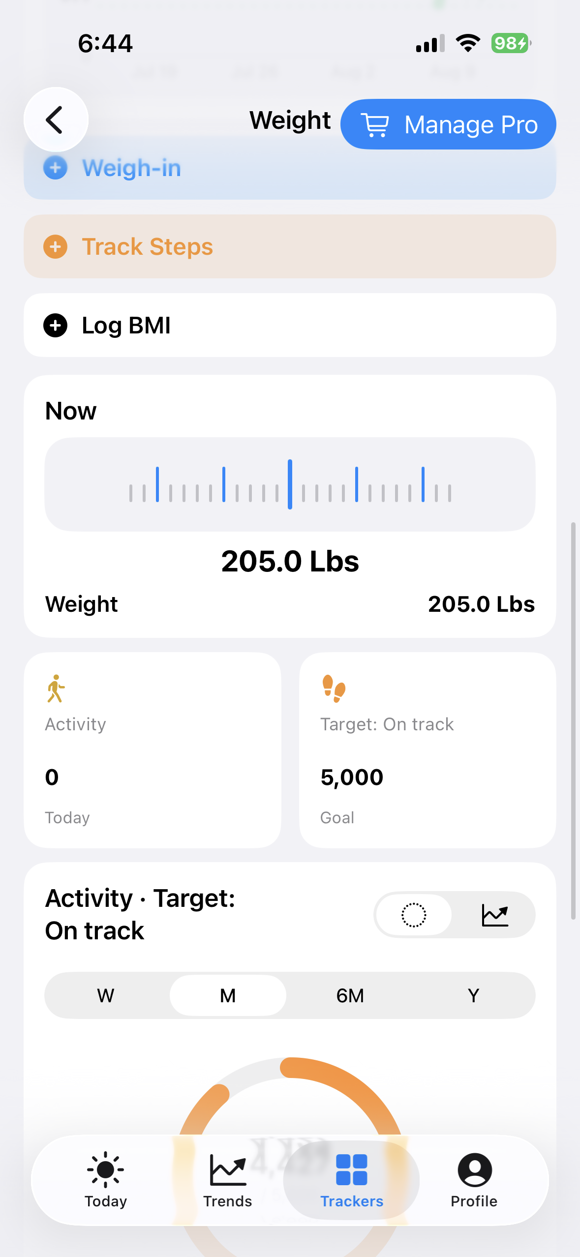 Current weight meter in BeFit Tracker on iPhone