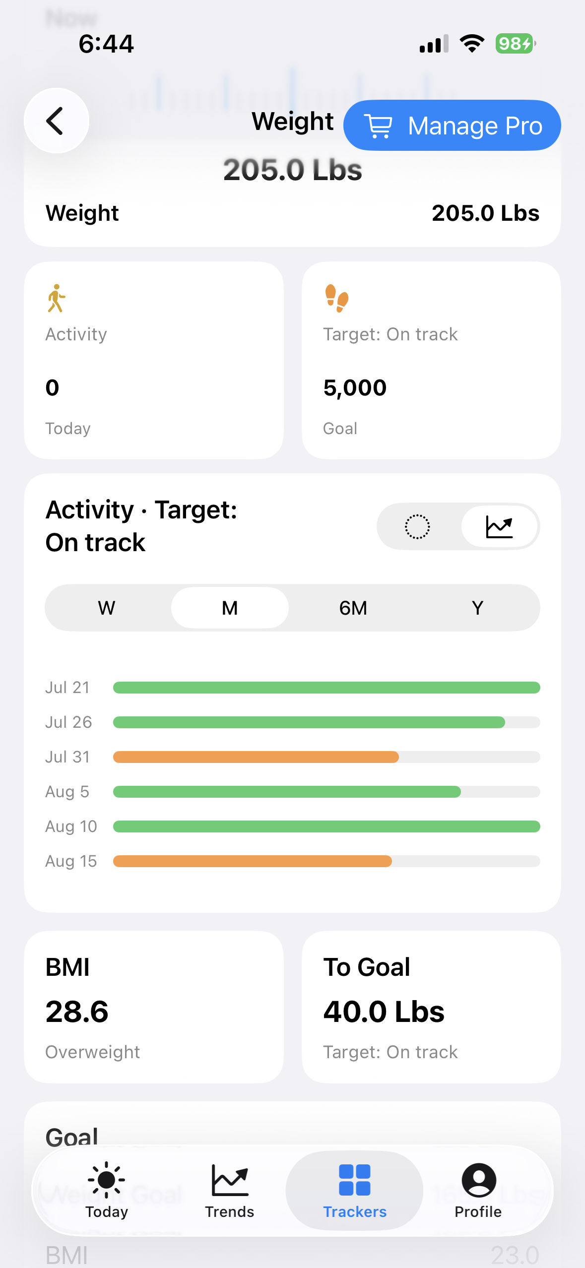 Weight goal progress bars in BeFit Tracker on iPhone