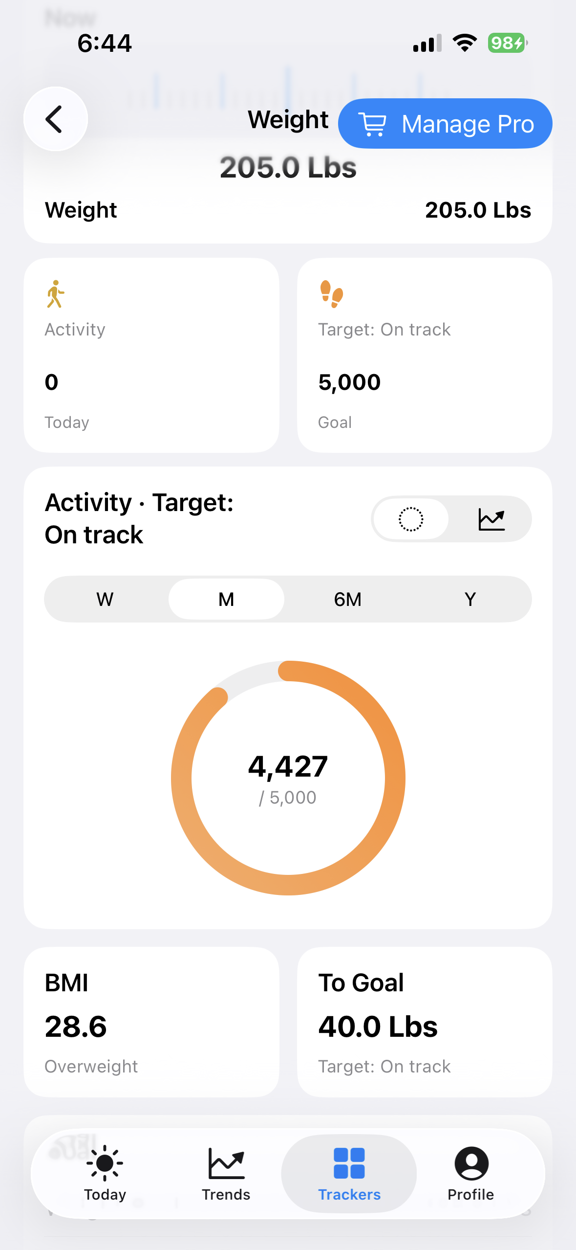 Weight target card in BeFit Tracker on iPhone