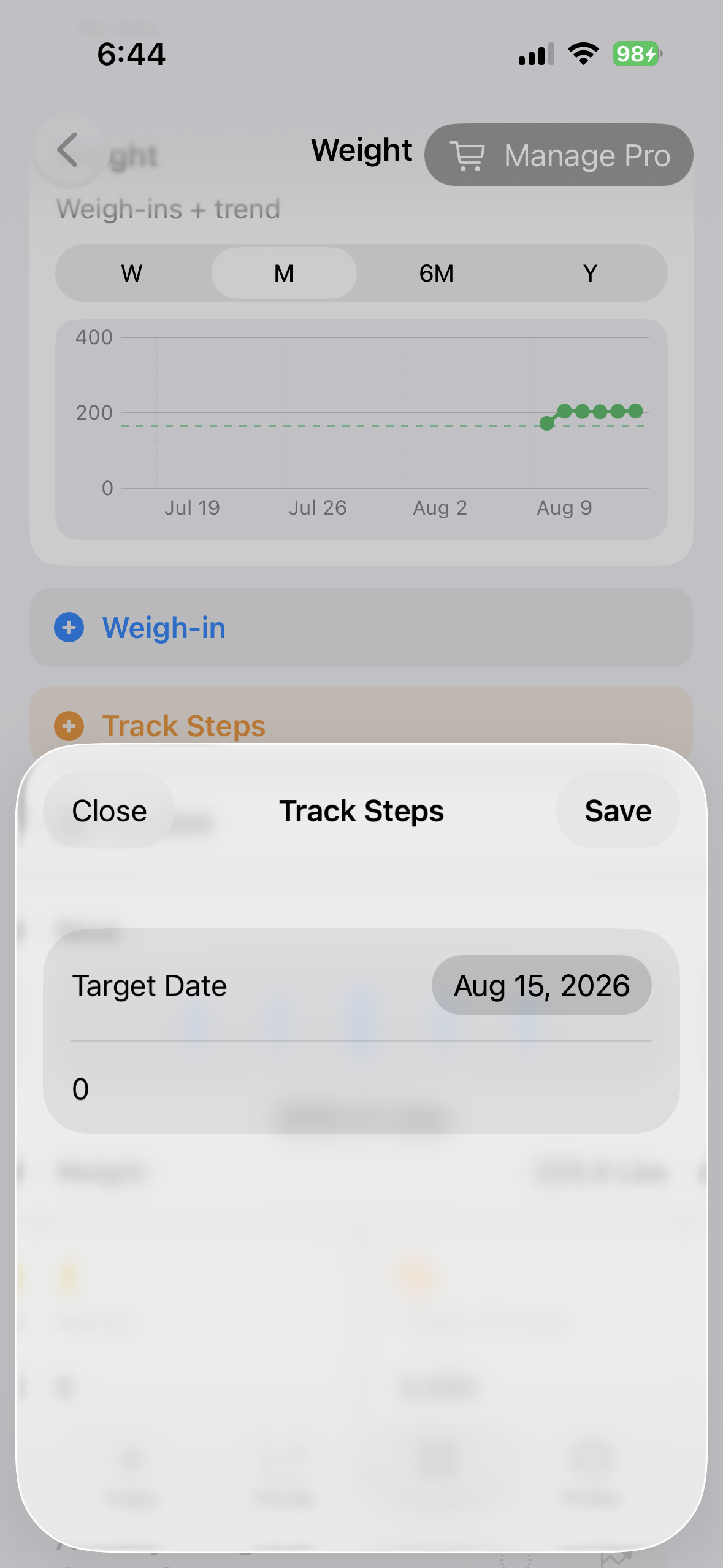 Track Steps sheet in BeFit Tracker on iPhone
