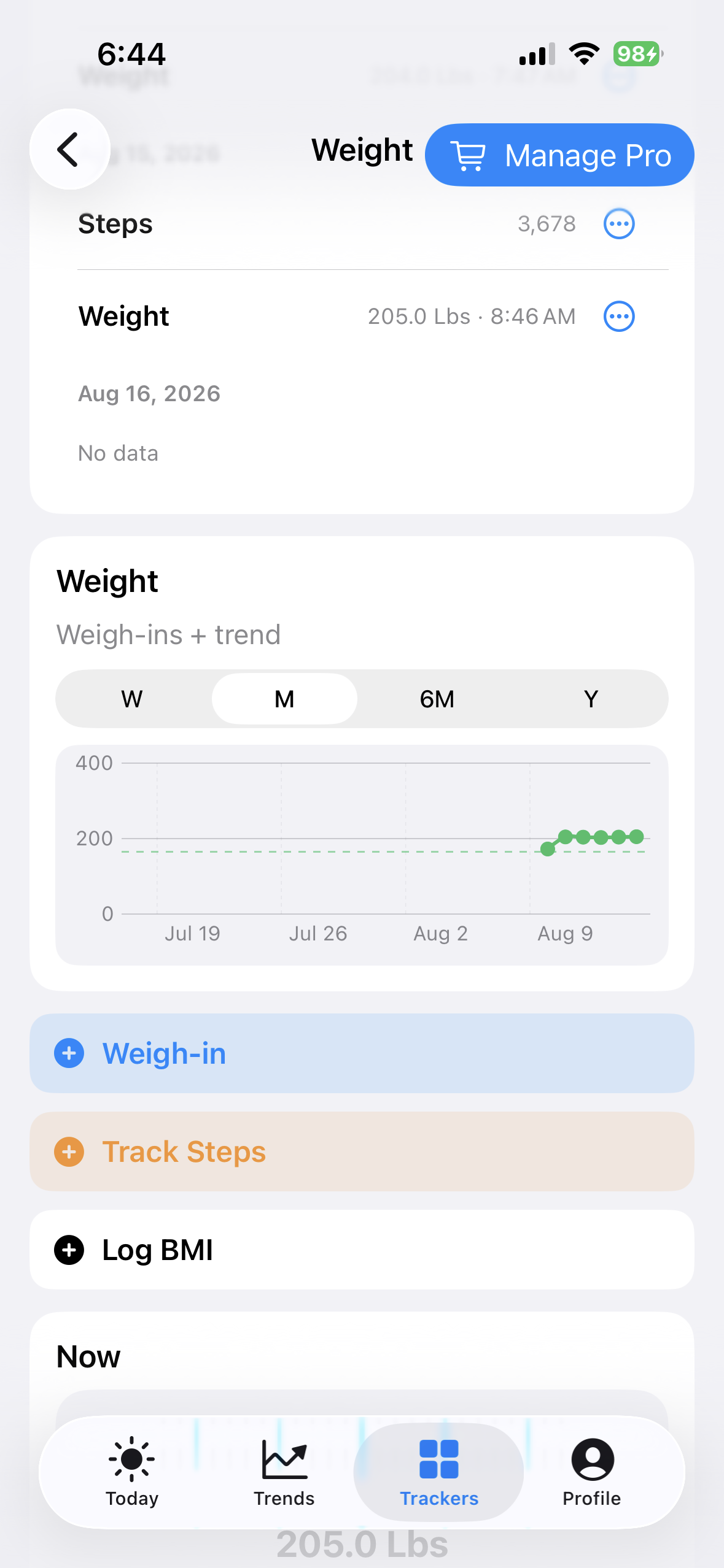 Weight chart in BeFit Tracker Trends on iPhone