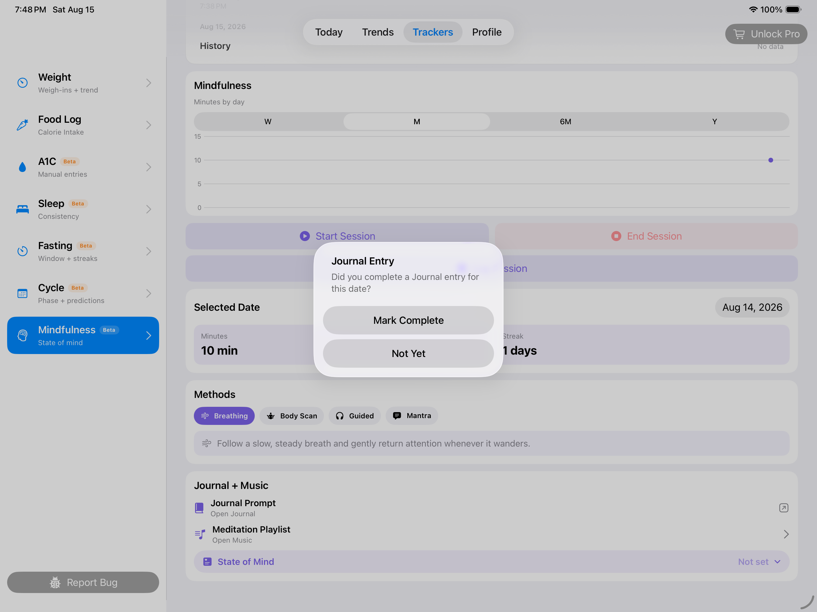 Mindfulness reflection and journal controls on landscape iPad