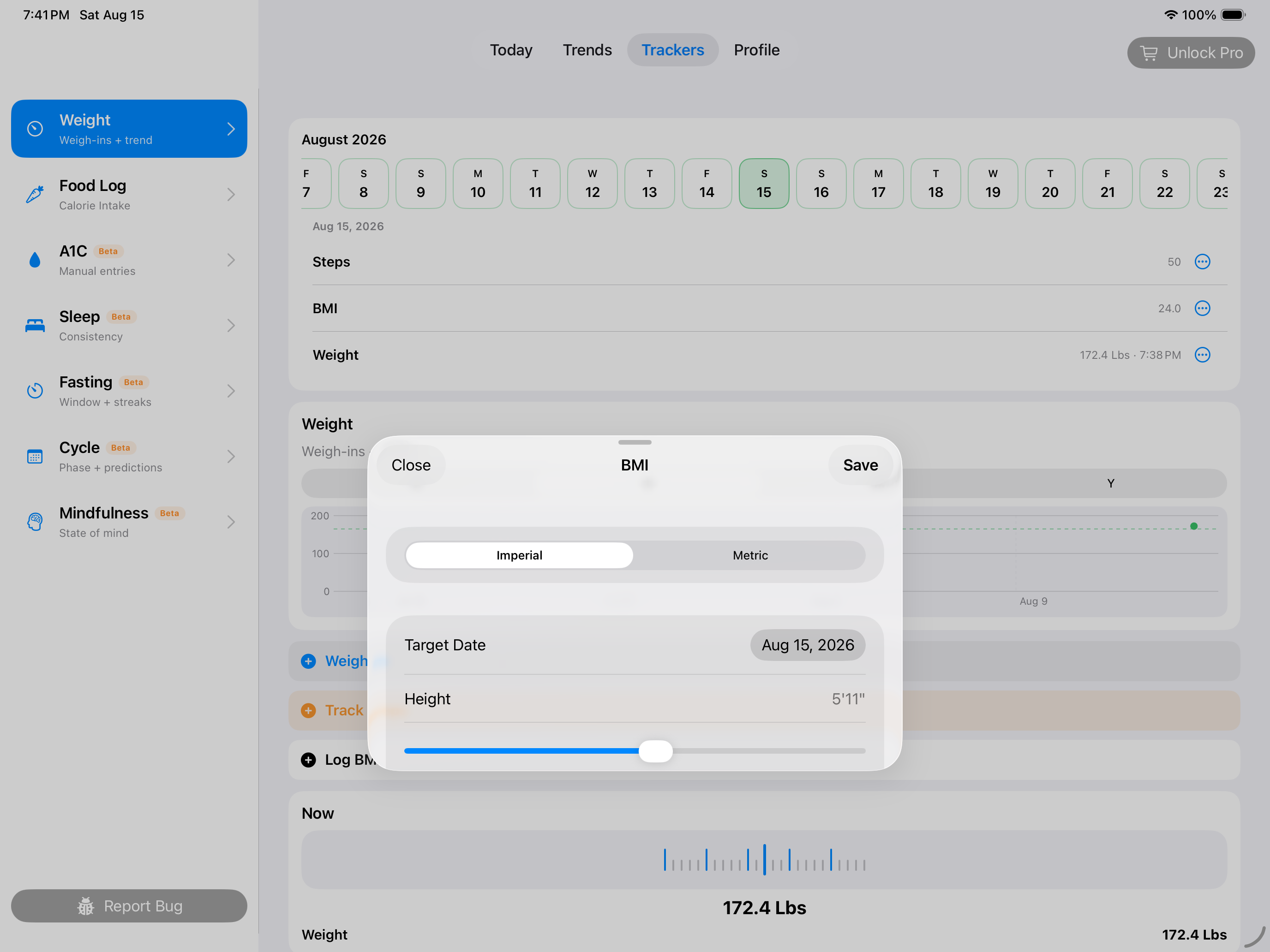 Log BMI controls on landscape iPad