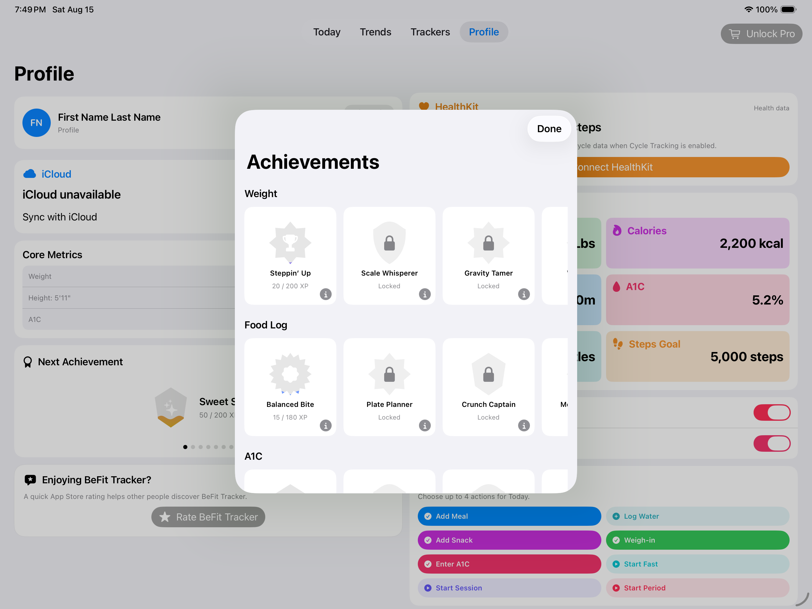 BeFit Tracker achievement gallery in landscape on iPad