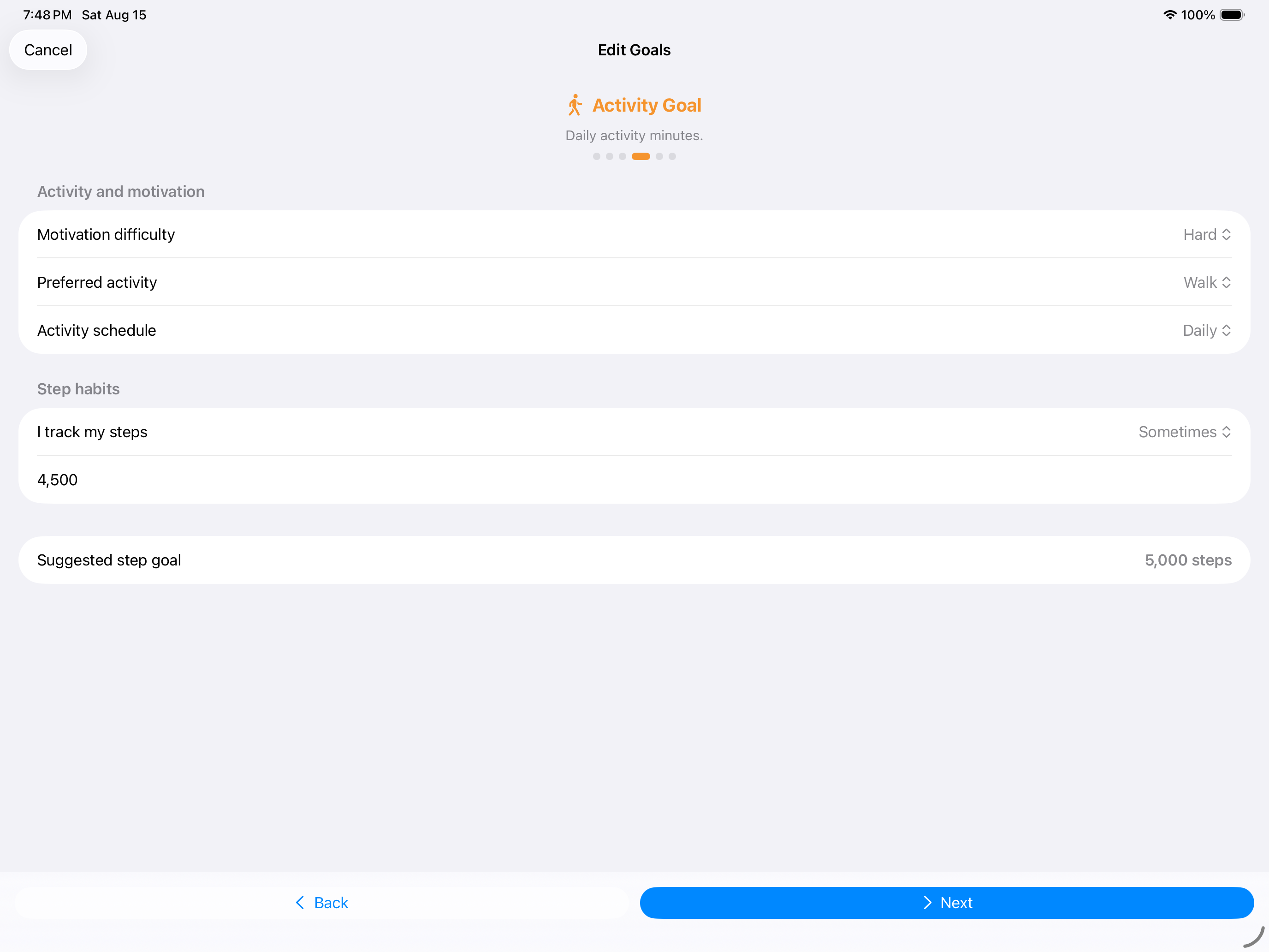 Activity goal editor on landscape iPad