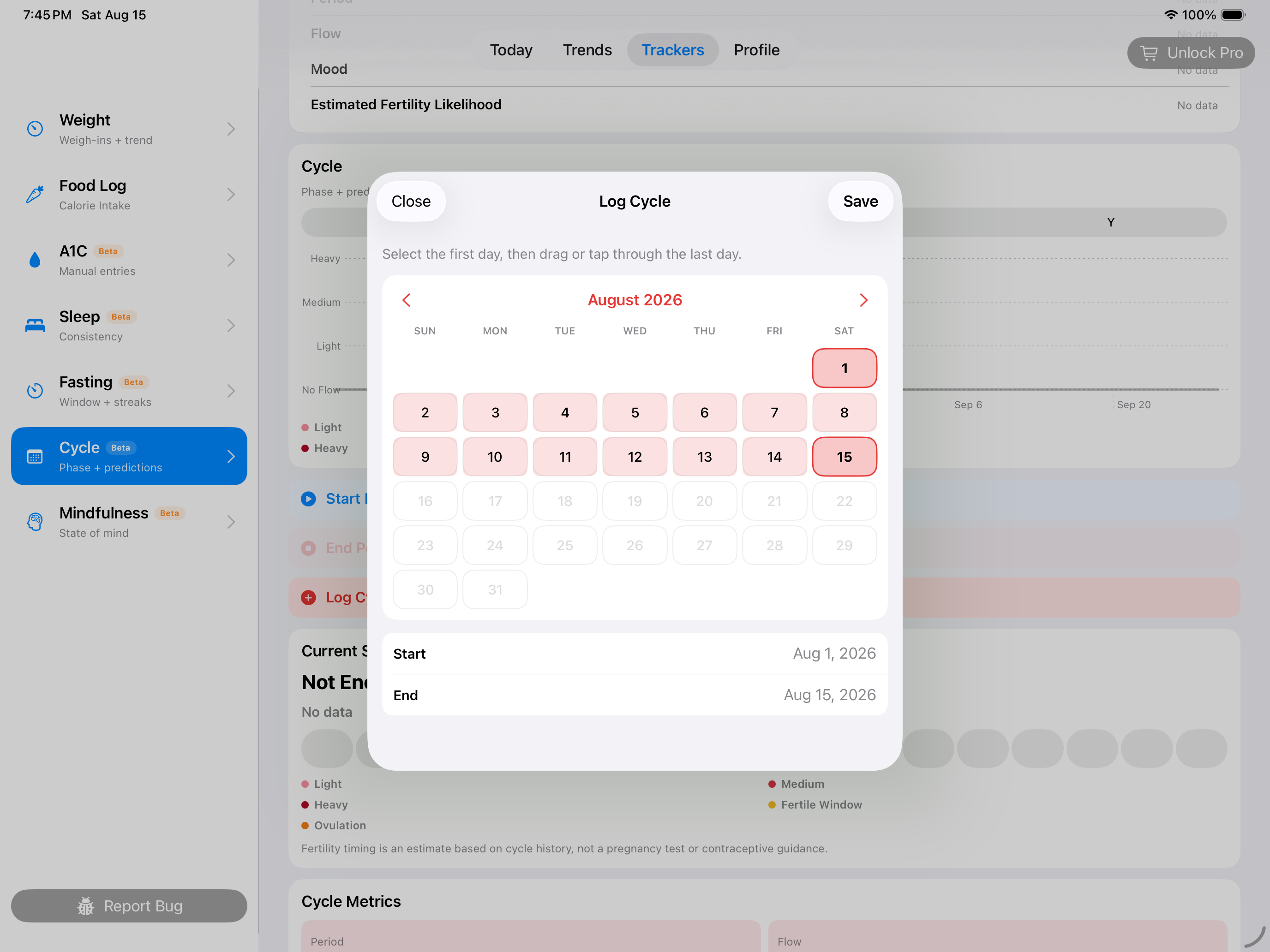 Log a completed period range on iPad