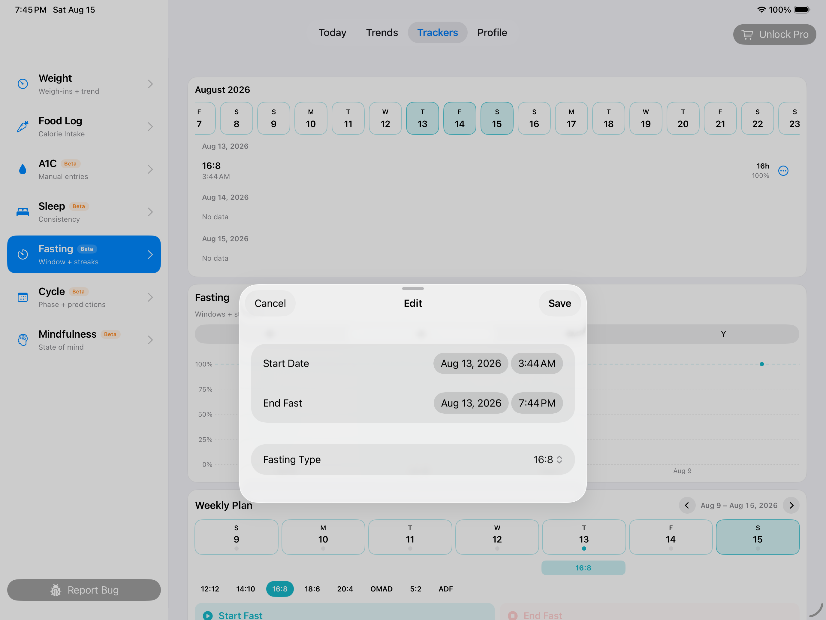 Fasting session controls on landscape iPad