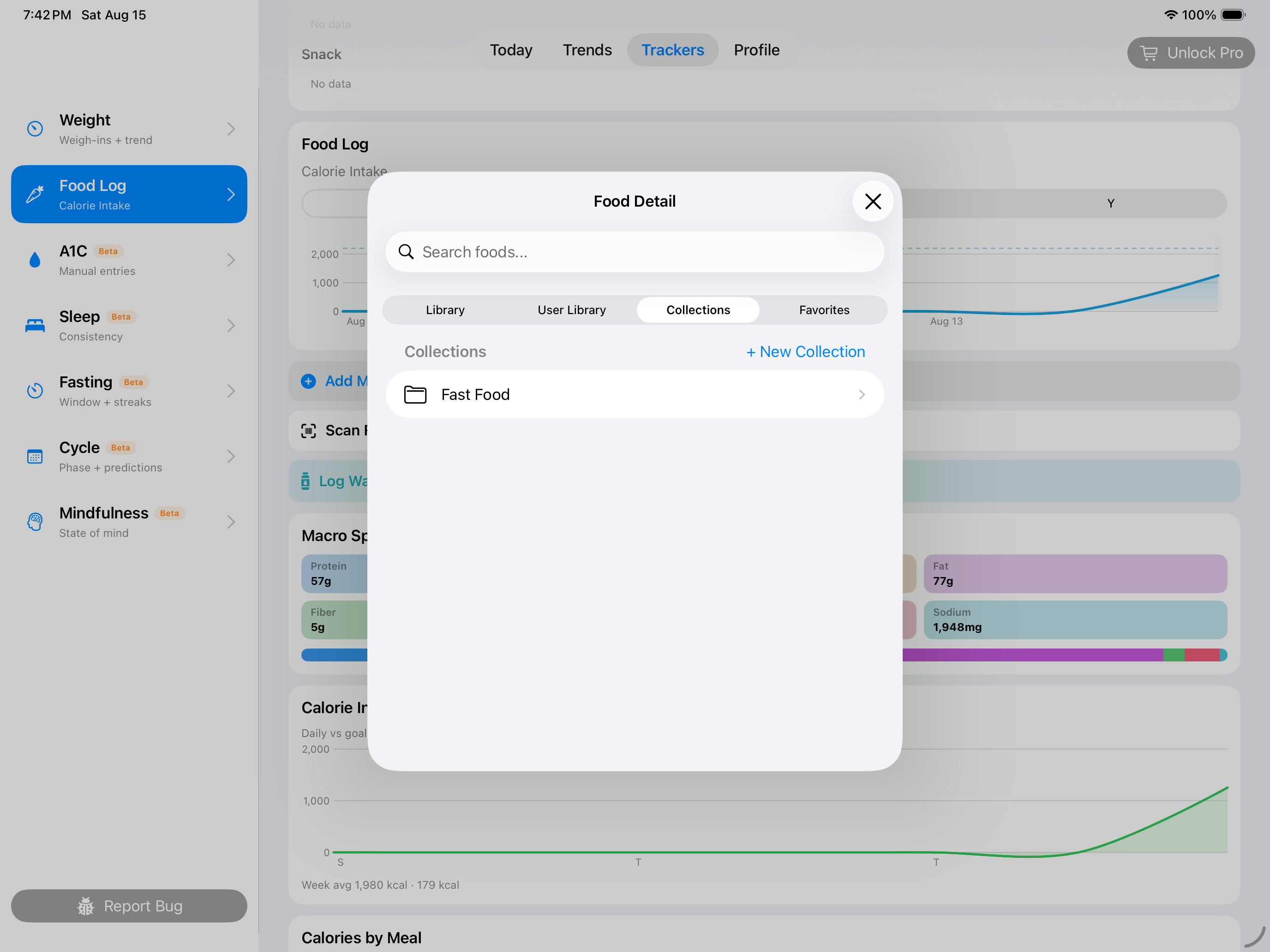 Food collections and their saved members on landscape iPad