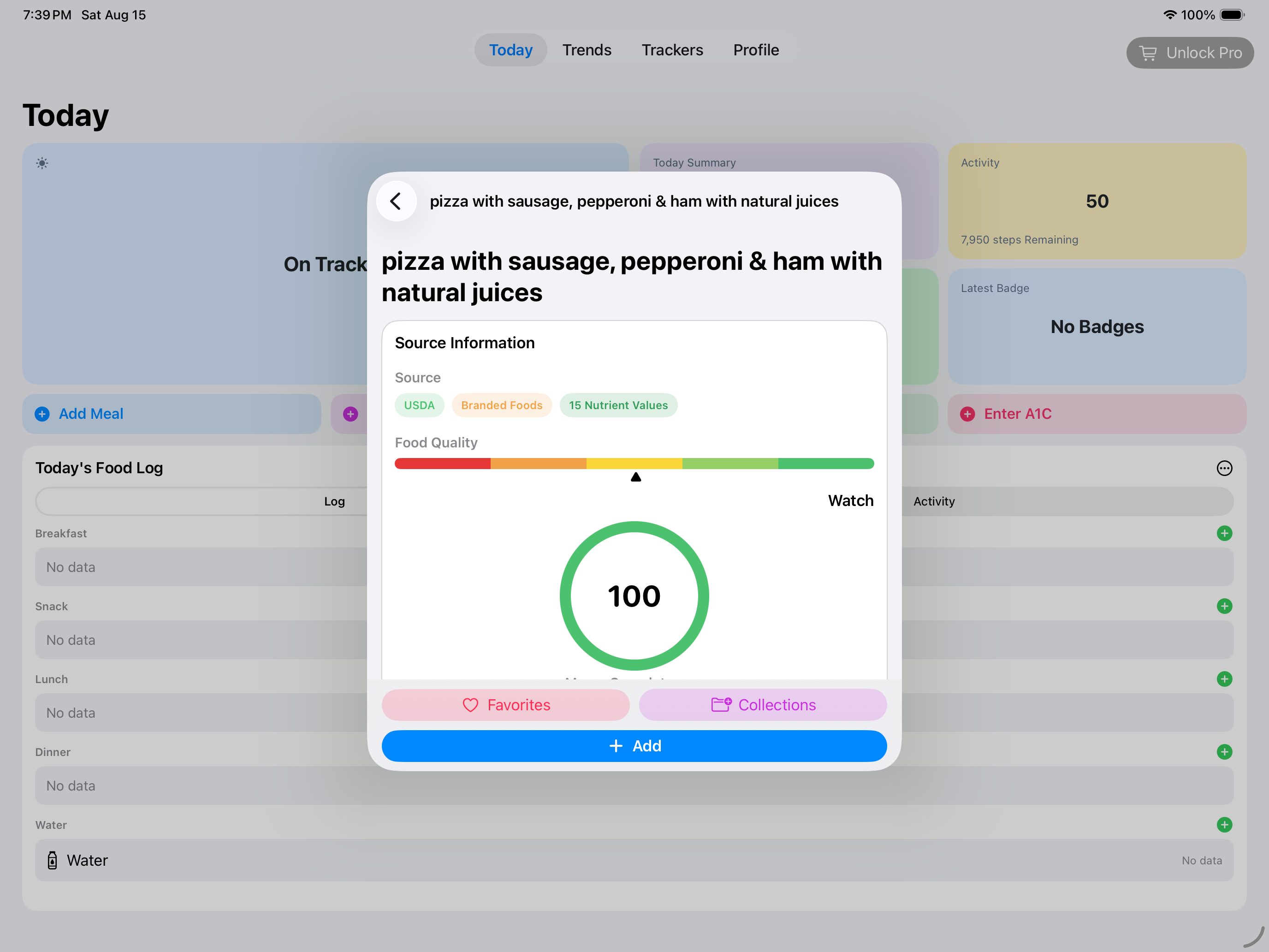 Food details in BeFit Tracker on iPad