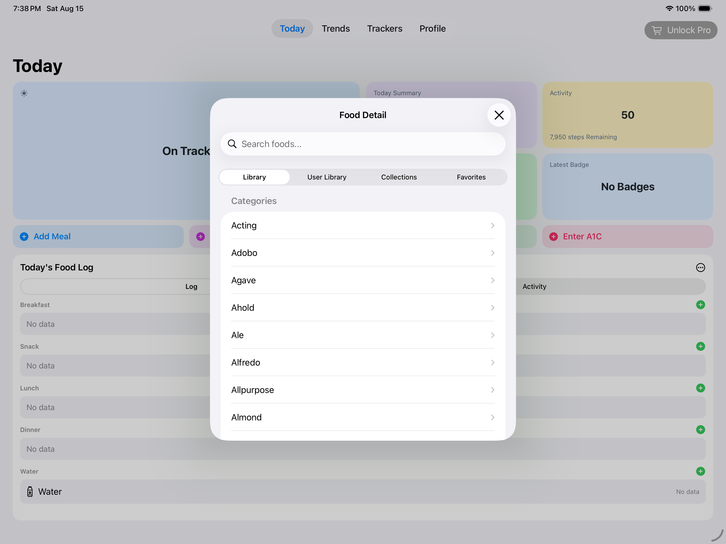 User Food Library in BeFit Tracker on iPad