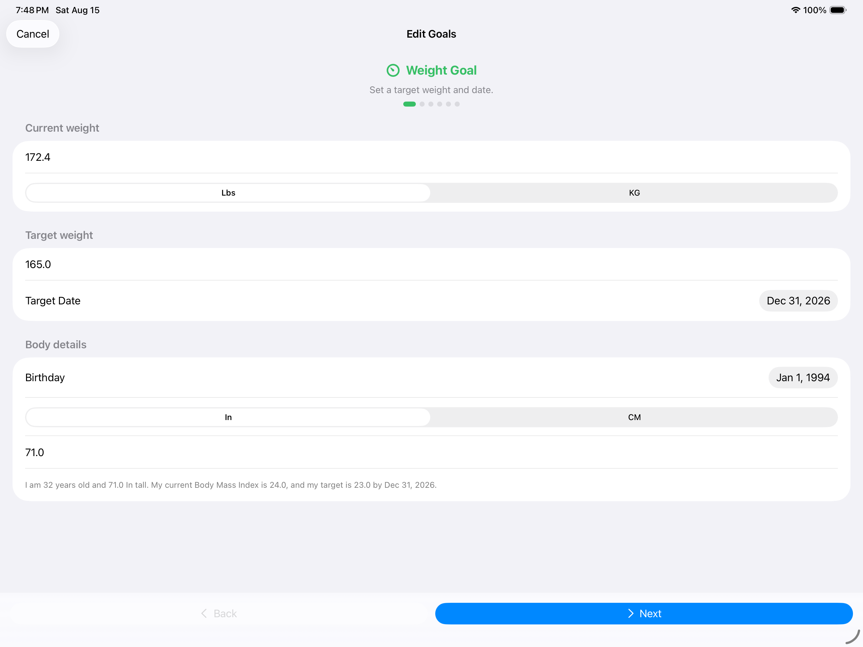 Weight Goal creation screen in landscape on iPad