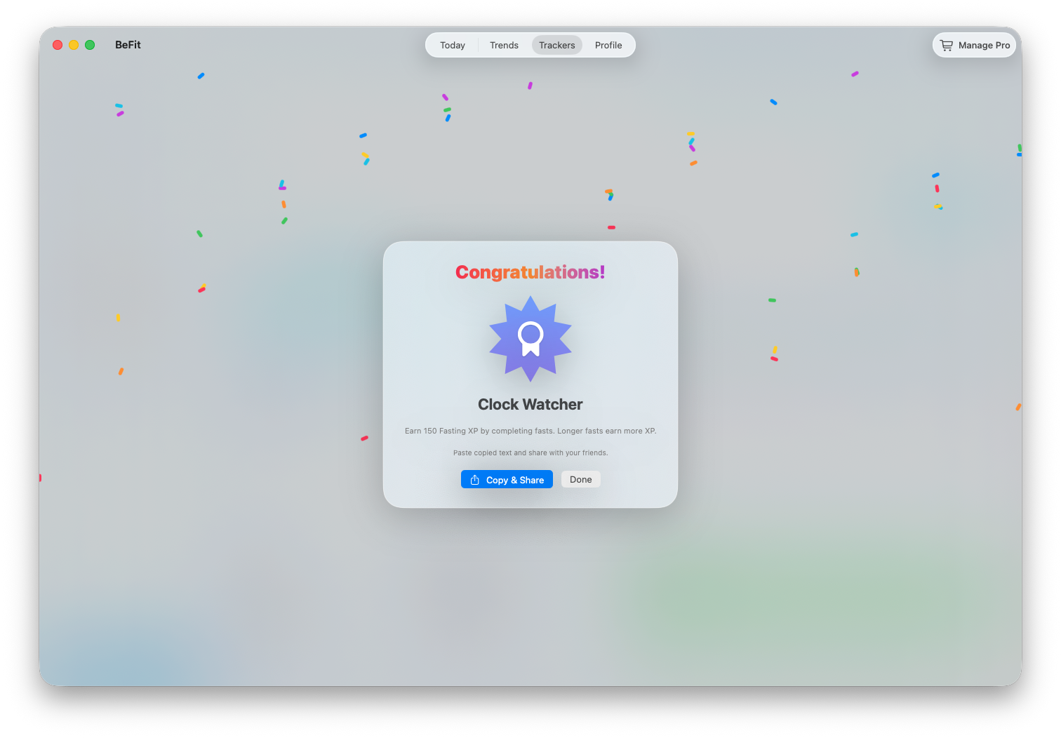 Achievement celebration in BeFit Tracker on Mac
