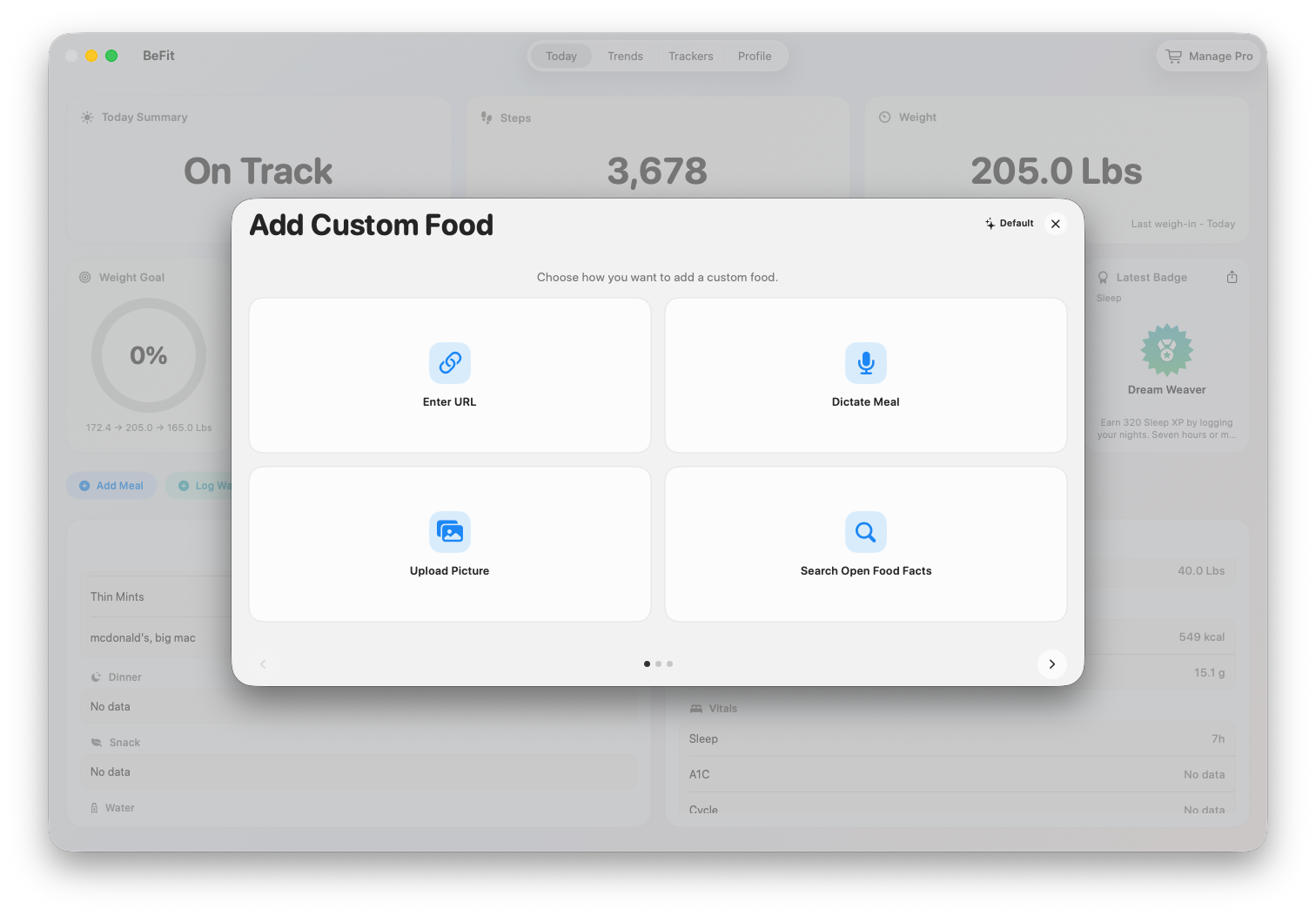 Add Custom Food choices in BeFit Tracker on Mac
