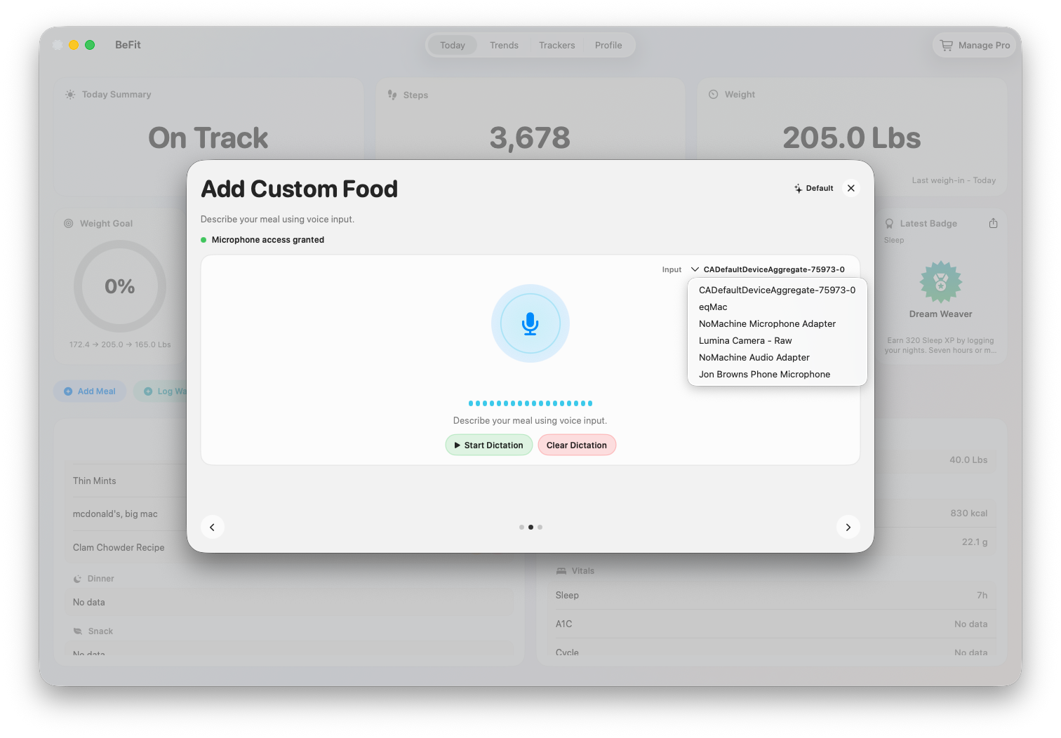 Dictated food description in the Mac User Library workflow