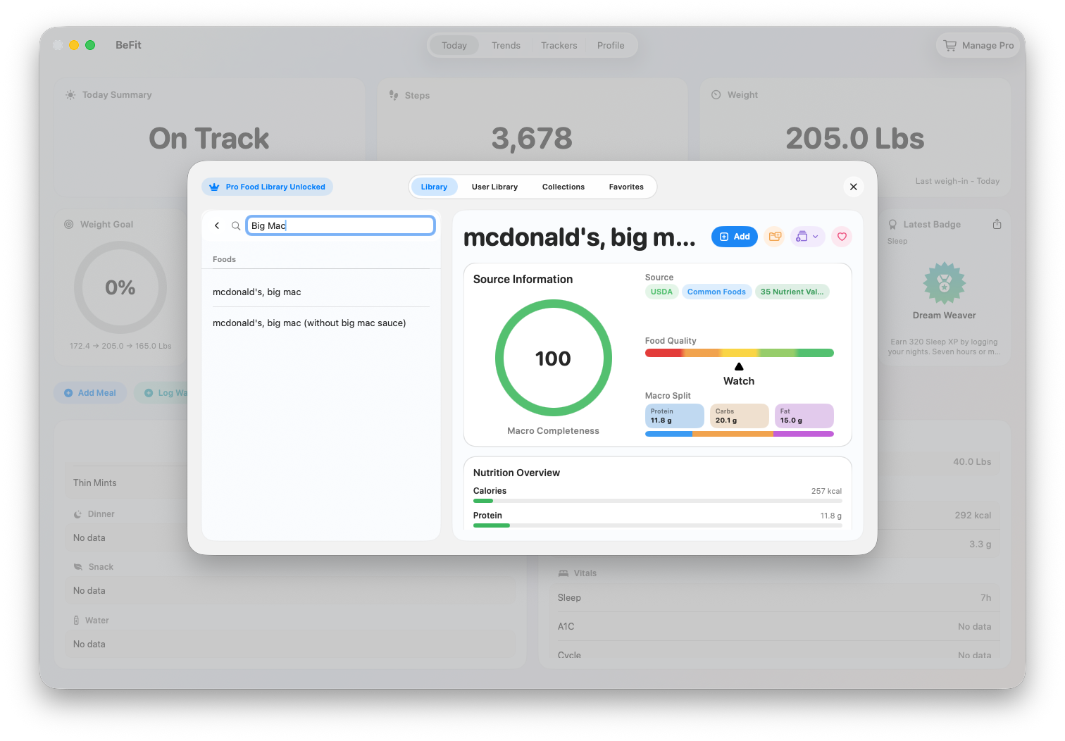 Food details in BeFit Tracker on Mac
